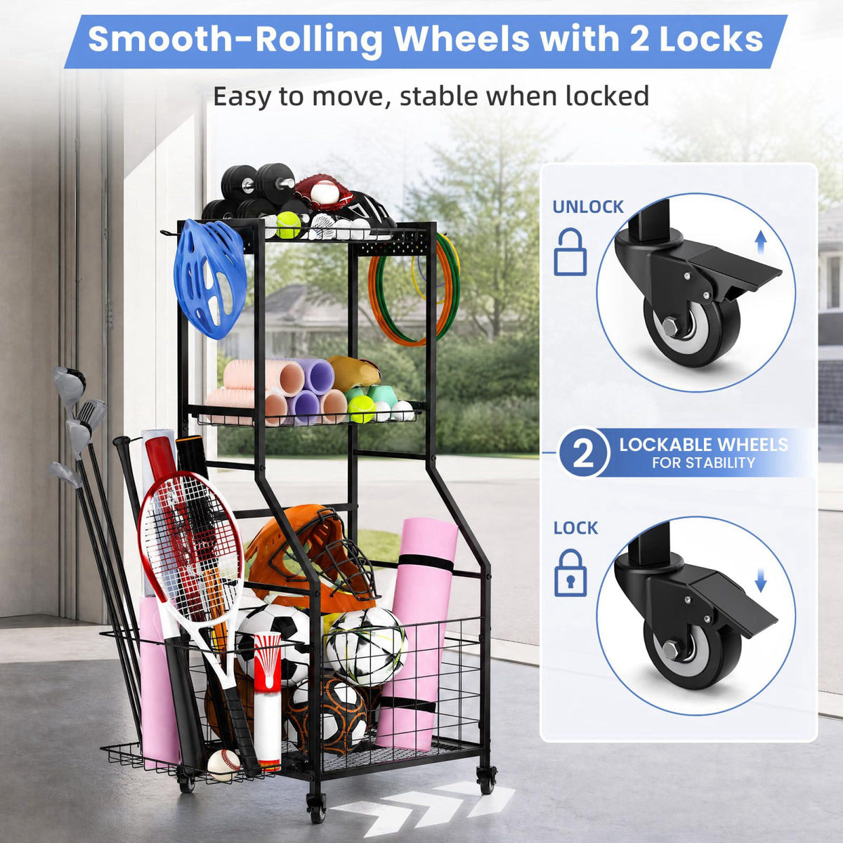 ClookRack Garage Ball Storage Sports Equipment Organizer with Bat Rack – full view