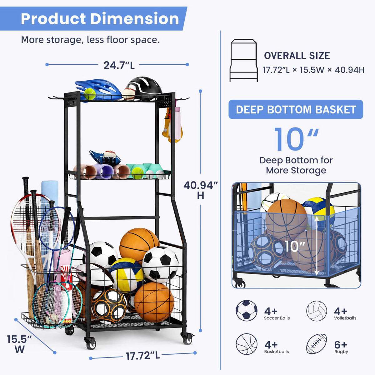 ClookRack Garage Ball Storage Sports Equipment Organizer with Bat Rack – back view and specifications