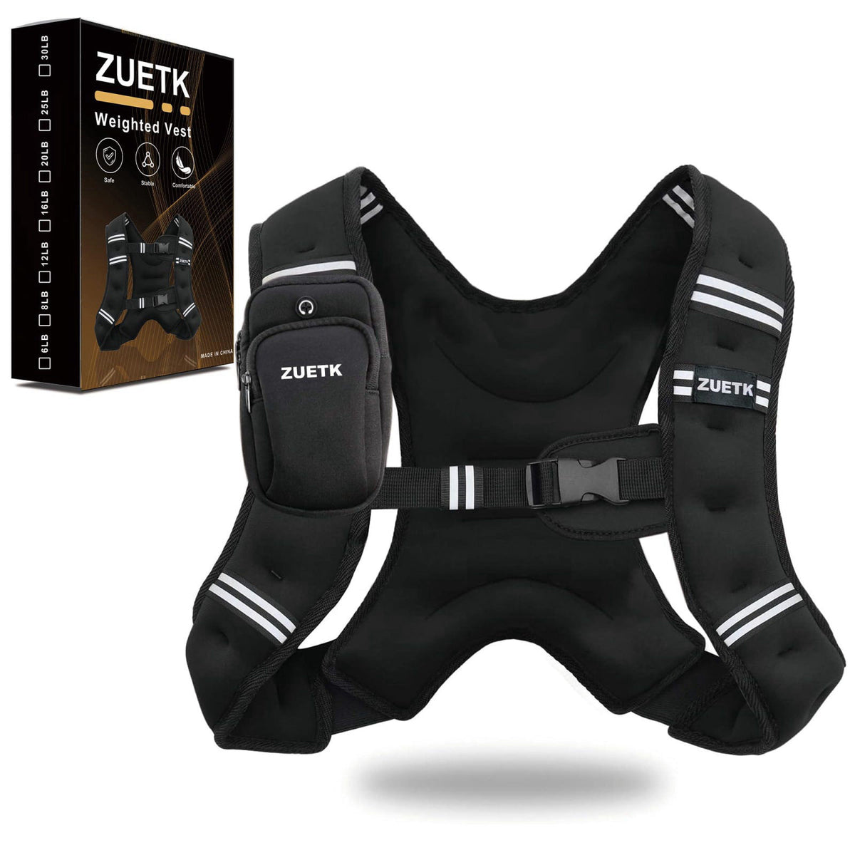 ZUETK Weighted Vest, 6lb/8lb/12lb/16lb/20lb/25lb/30lb Weight Vest with Reflective Stripe, Weighted Vest for Men Women Wo