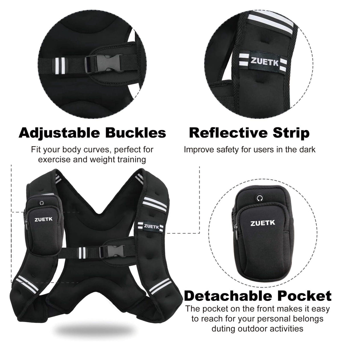ZUETK Weighted Vest, 6lb/8lb/12lb/16lb/20lb/25lb/30lb Weight Vest with Reflective Stripe, Weighted Vest for Men Women Wo