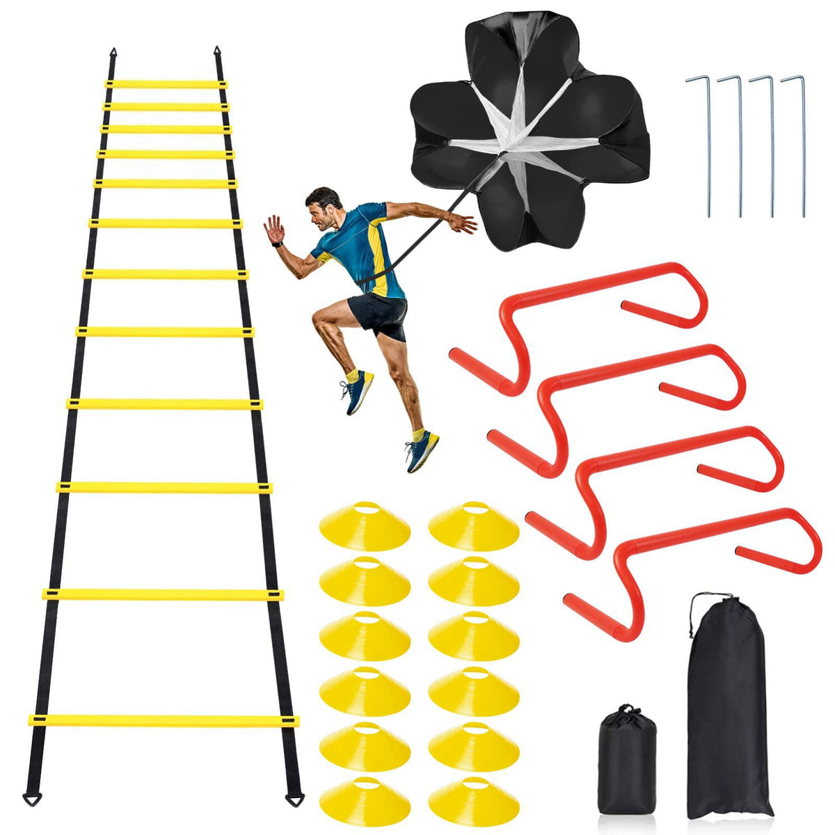 Rainmae Speed & Agility Ladder Training Equipment Set, Includes 12 Rung 20ft Agility Ladder, 4 Agility Hurdles,12 Disc C