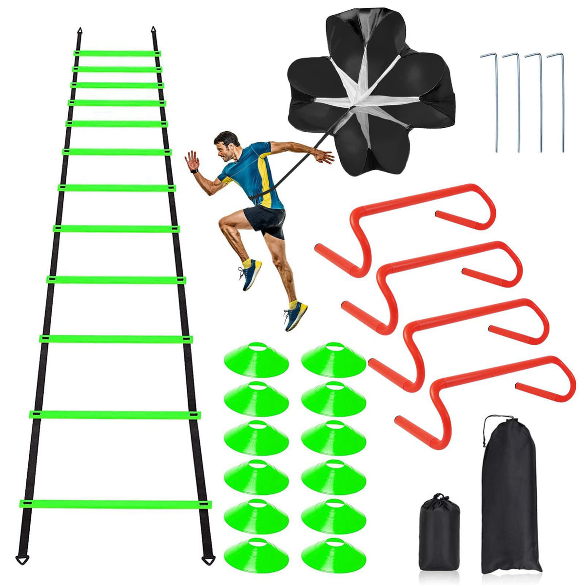 Rainmae Speed & Agility Ladder Training Equipment Set, Includes 12 Rung 20ft Agility Ladder, 4 Agility Hurdles,12 Disc C