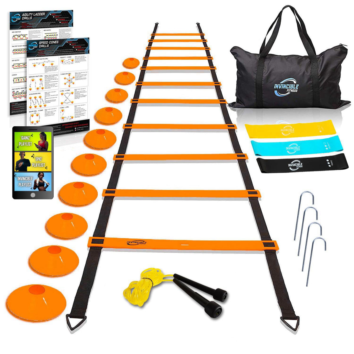 Invincible Fitness Agility Ladder Full Training Equipment Set, Improves Coordination, Speed, Power and Strength, Include