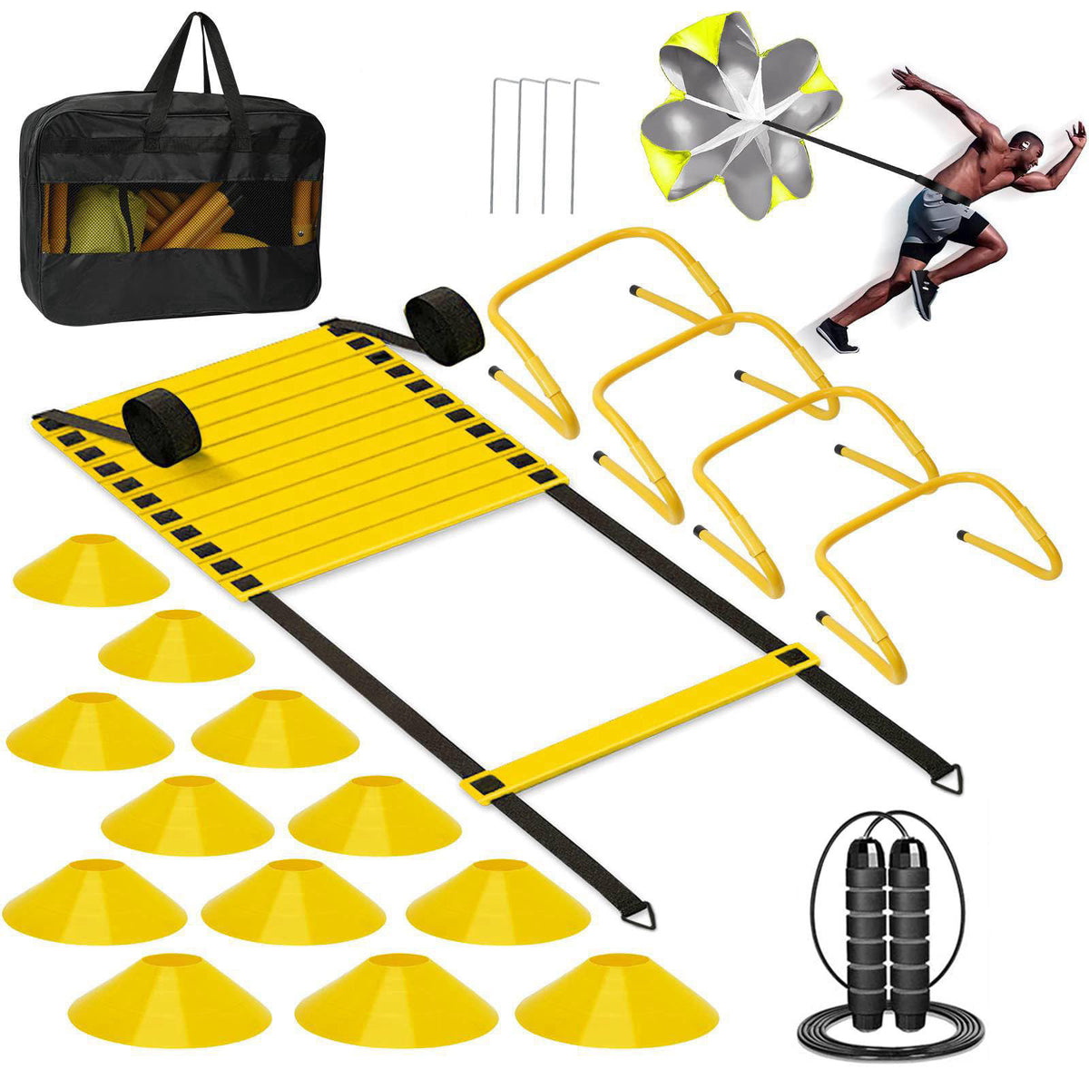 YGORTECH Agility Ladder, Soccer Training Equipment Set, 4 Agility Hurdles, 20ft Speed Ladder, Running Parachute, 12 Foot