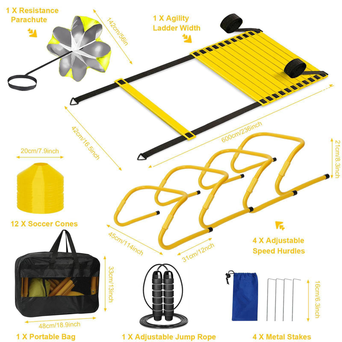 YGORTECH Agility Ladder, Soccer Training Equipment Set, 4 Agility Hurdles, 20ft Speed Ladder, Running Parachute, 12 Foot