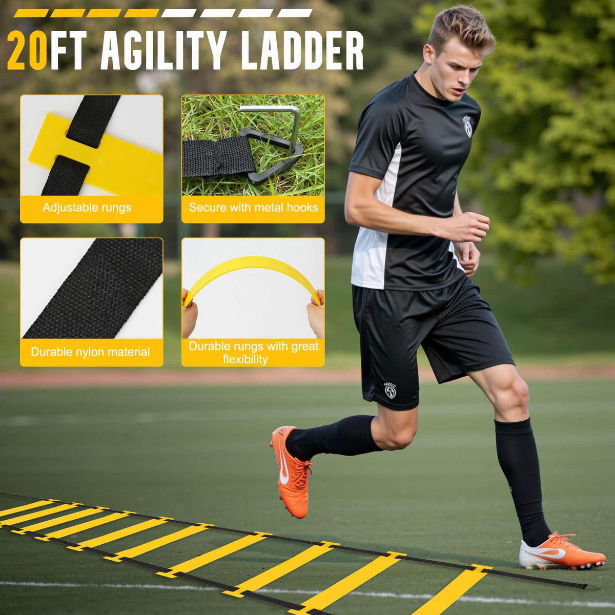 YGORTECH Agility Ladder, Soccer Training Equipment Set, 4 Agility Hurdles, 20ft Speed Ladder, Running Parachute, 12 Foot