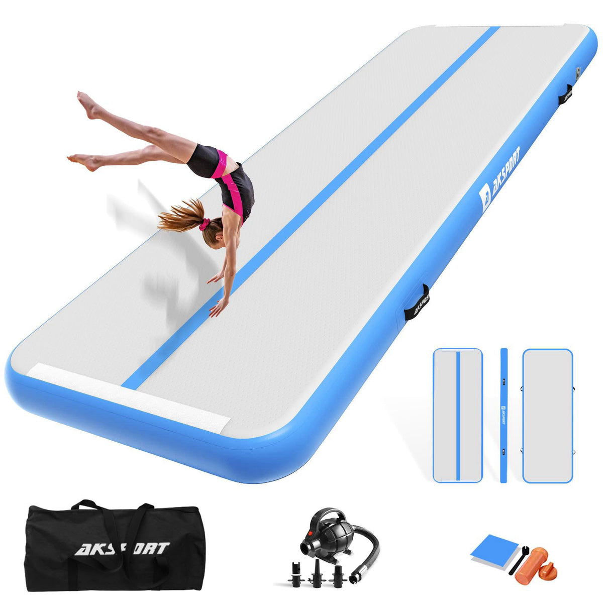 AKSPORT Inflatable Gymnatsics Mat Tumble Track 10ft 13ft 16ft 20ft 23ft Air Tumbling Mat with Air Pump for Home Use/Trai