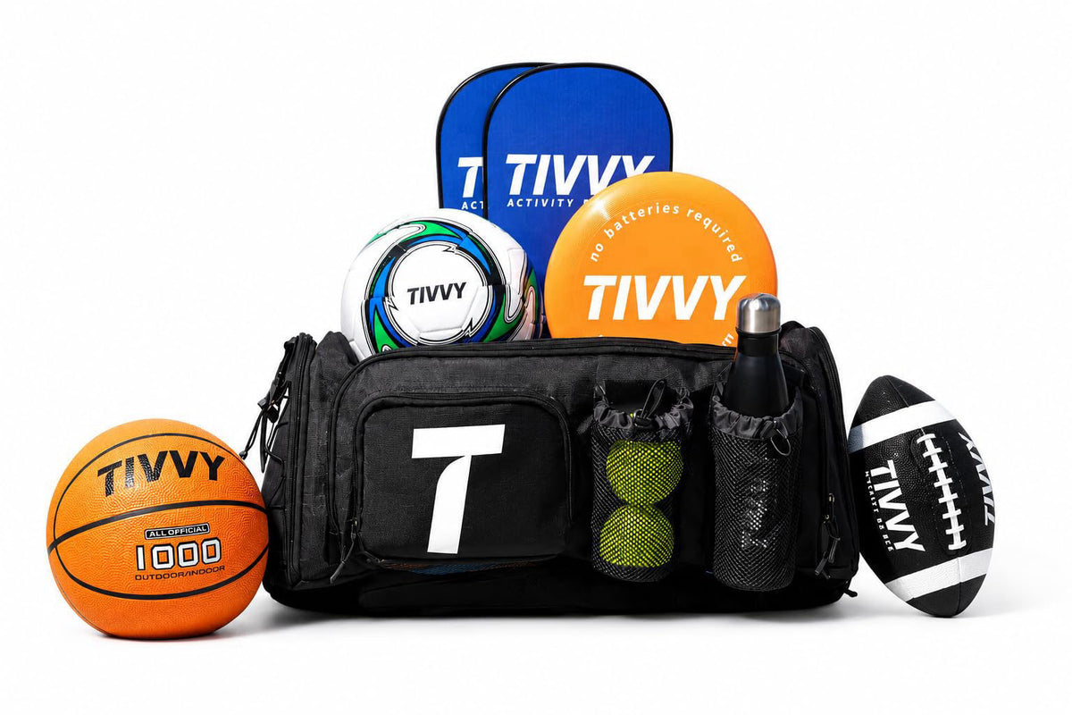 TIVVY Pre-Packed Multi-Sport Outdoor Activity Bag for Families | Includes Basketball, Soccer Ball, Football, Pickleball,