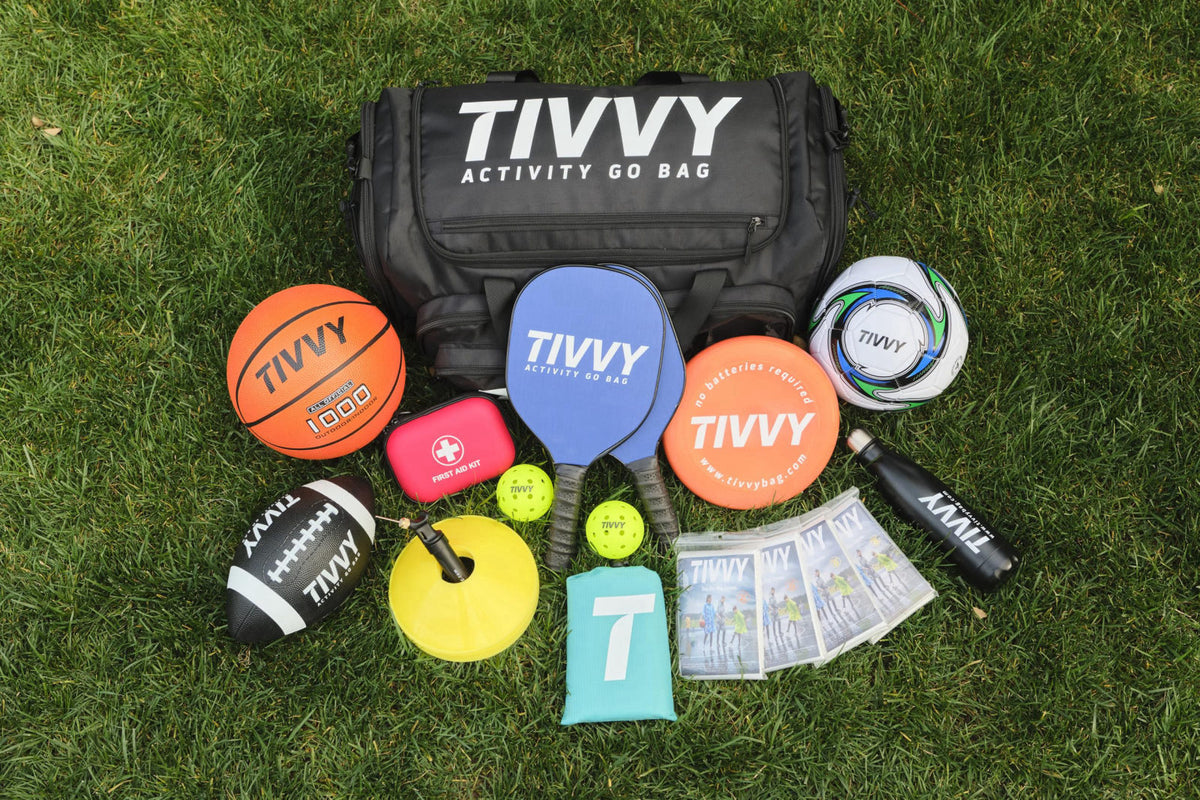 TIVVY Pre-Packed Multi-Sport Outdoor Activity Bag for Families | Includes Basketball, Soccer Ball, Football, Pickleball,