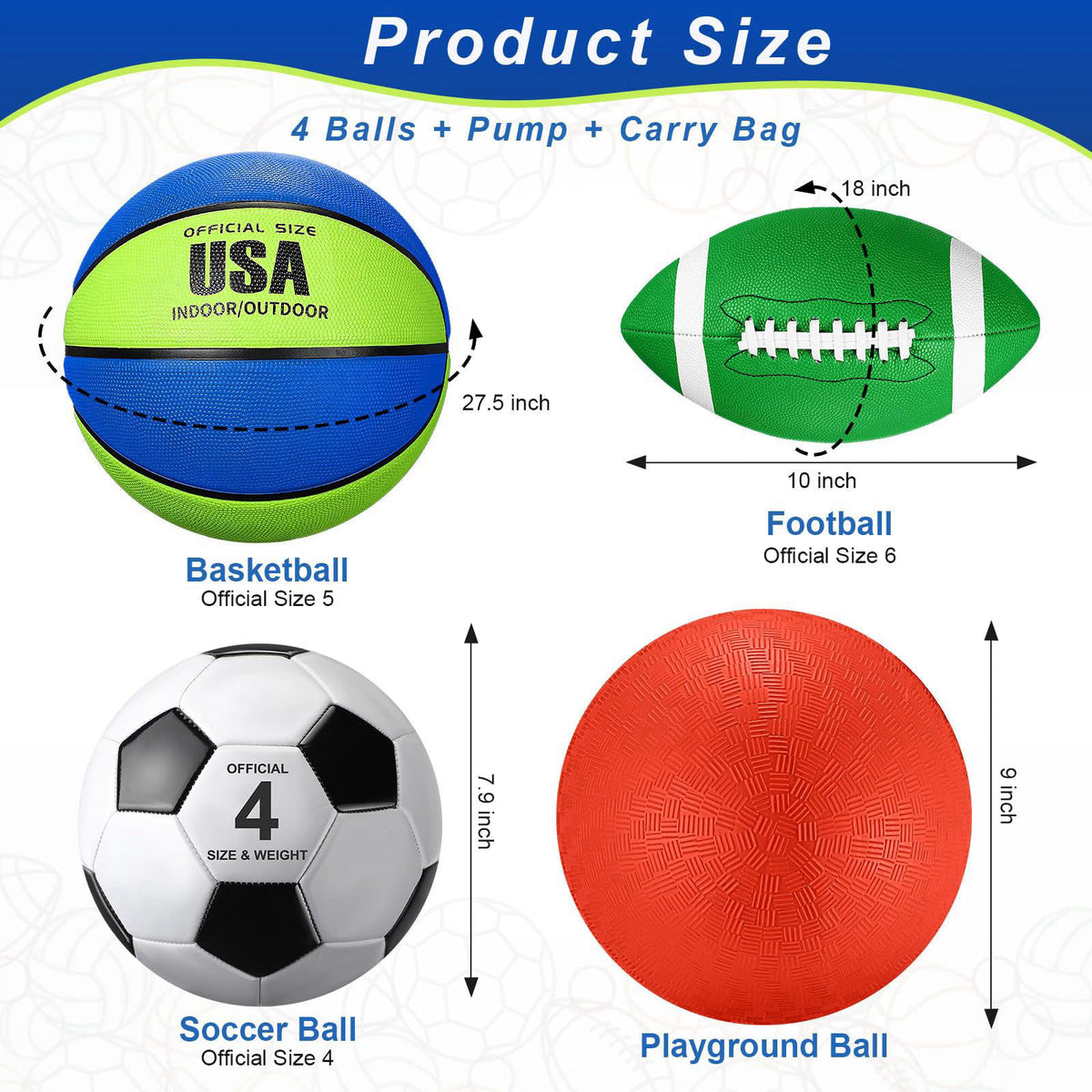 Deekin 4 Pcs Sport Balls Set for Kid Teen Playground Ball, Navy Blue, Green – packaging and label