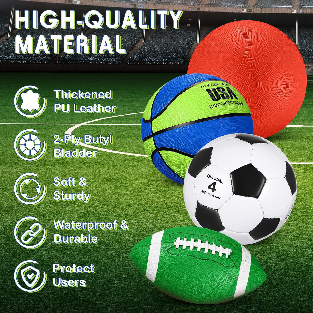 Deekin 4 Pcs Sport Balls Set for Kid Teen Playground Ball, Navy Blue, Green – full view