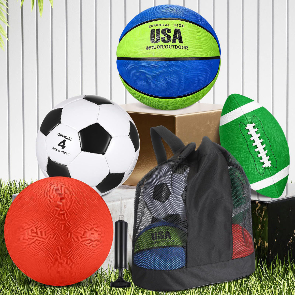 Deekin 4 Pcs Sport Balls Set for Kid Teen Playground Ball, Navy Blue, Green – back view and specifications