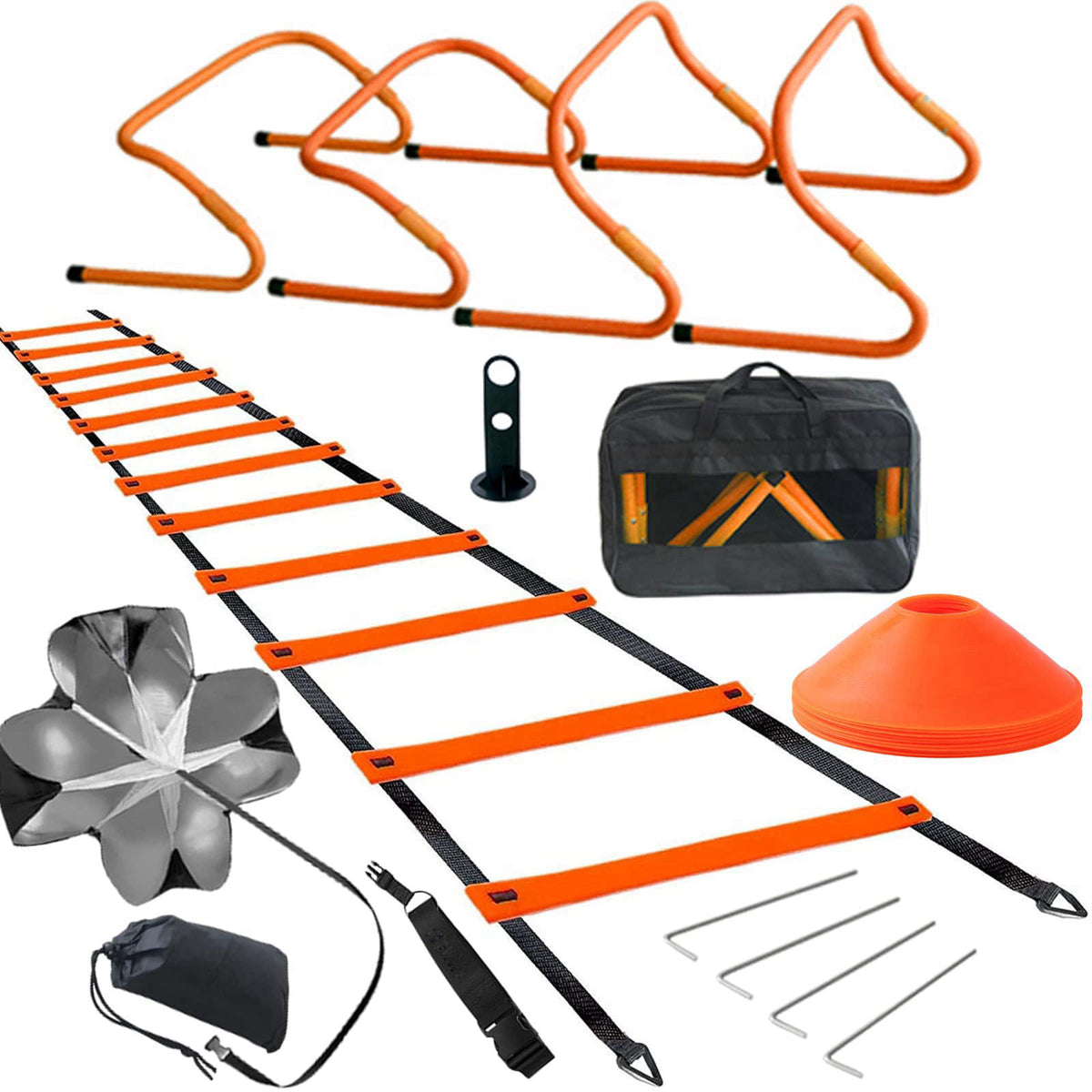 TOCO FREIDO Speed&Agility Training Set – 20ft Agility Ladder Set with 12 Rungs, 4 Adjustable Training Hurdle, 12 Disc Co