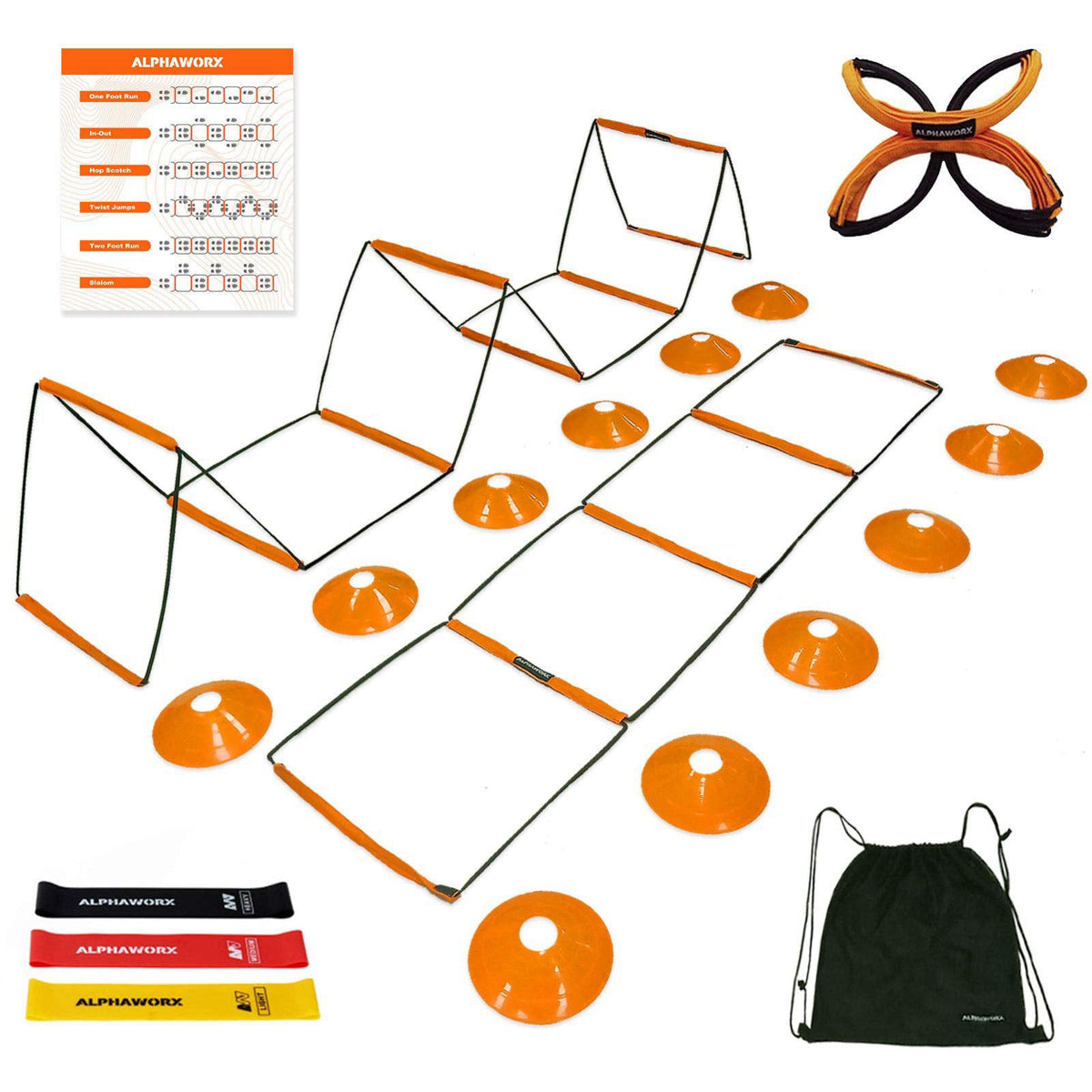 ALPHAWORX All-in-One Agility Ladder Agility Training Equipment Foldable Instant Set-up Tangle-Free Design 8+4 Rung Speed