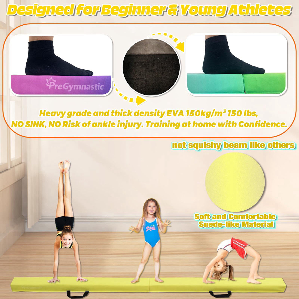 PreGymnastic 6FT/8FT/9.5FT Folding Balance Beam for Kids Ages 3-12, Foldable Gymnastics Floor Beam-Extra Firm Suede Cove