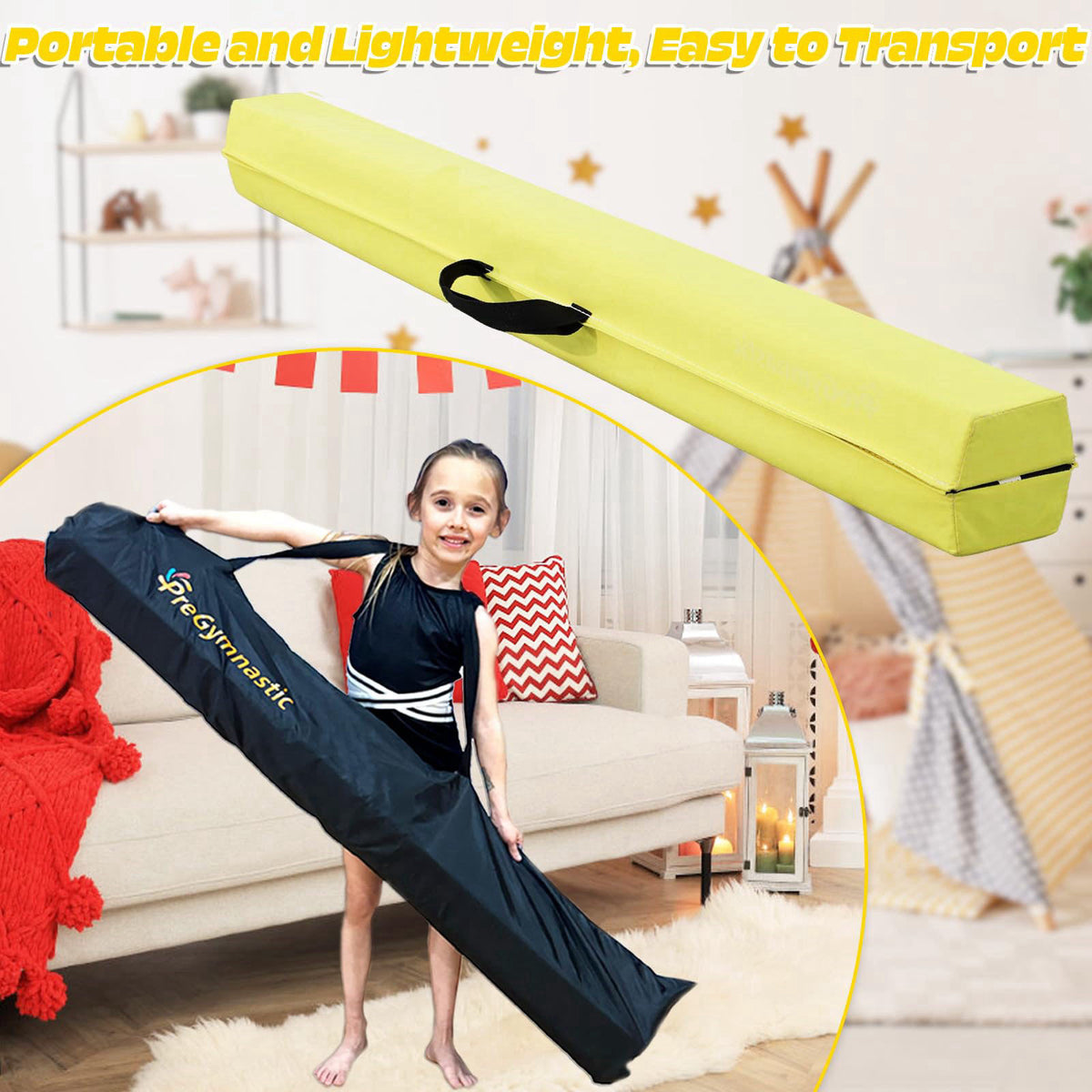 PreGymnastic 6FT/8FT/9.5FT Folding Balance Beam for Kids Ages 3-12, Foldable Gymnastics Floor Beam-Extra Firm Suede Cove