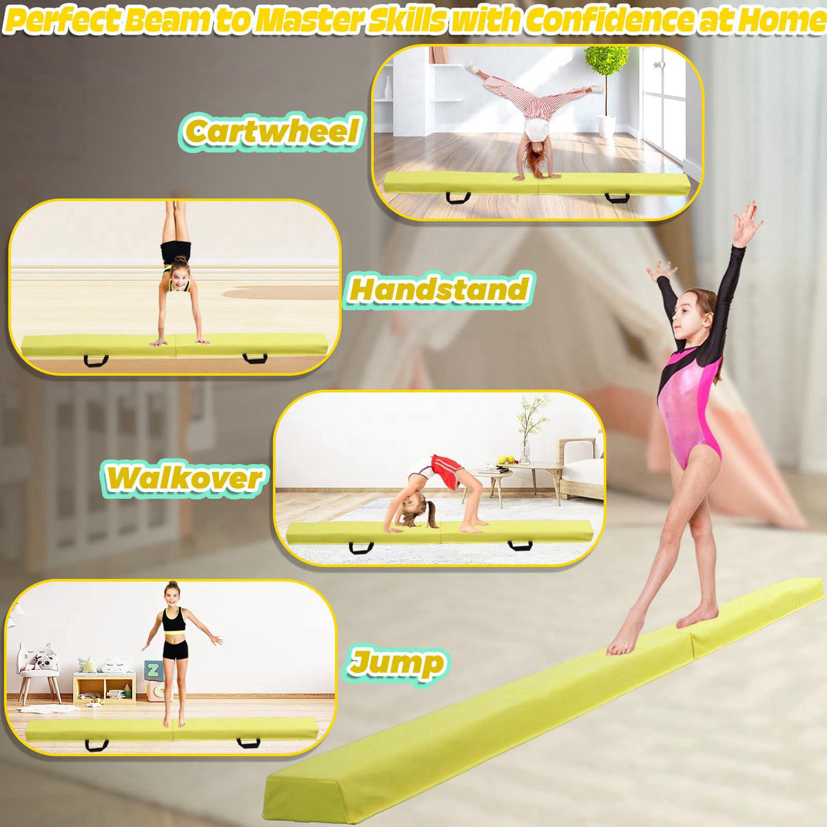 PreGymnastic 6FT/8FT/9.5FT Folding Balance Beam for Kids Ages 3-12, Foldable Gymnastics Floor Beam-Extra Firm Suede Cove