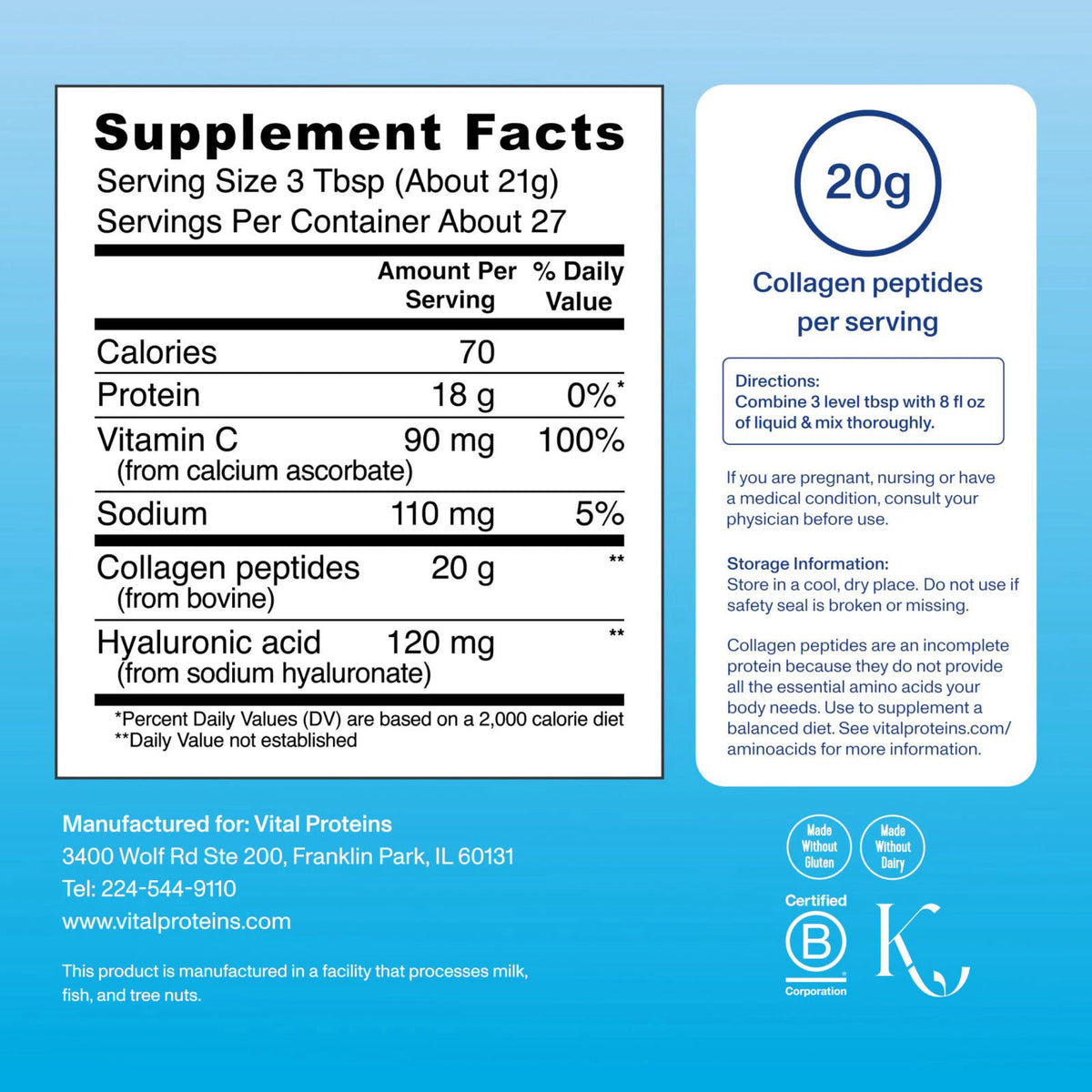 Vital Proteins Collagen Peptides Powder Advanced, Unflavored, 20oz – back view and specifications