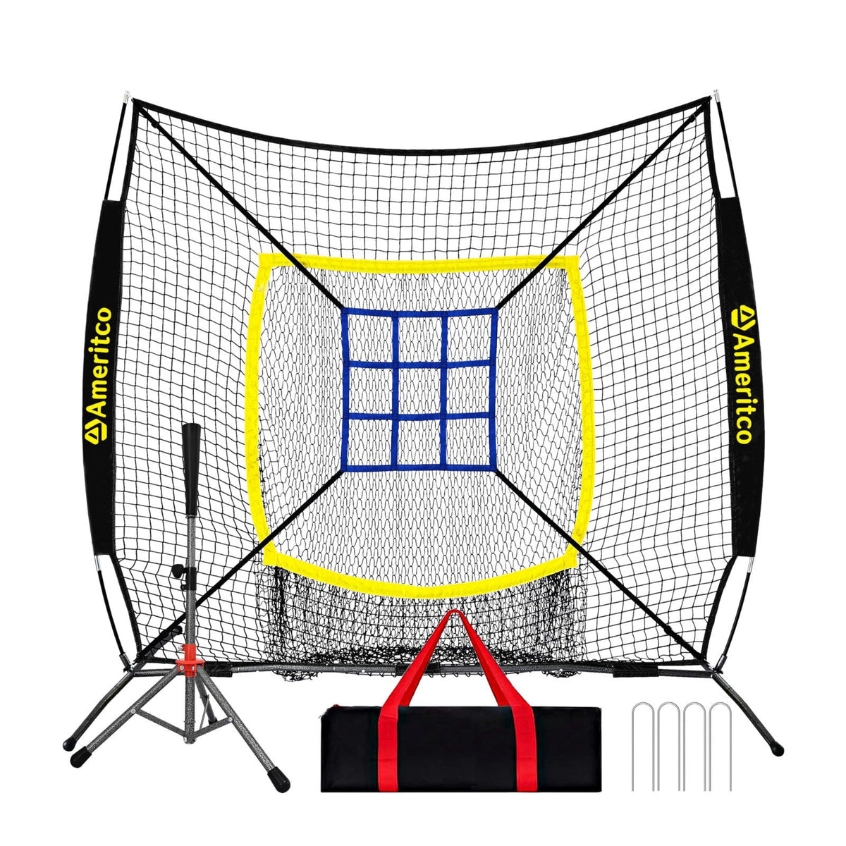 Ameritco Baseball Net，7x7ft Baseball Practice Net with Tee and Target, Large Pocket Sports net for Hitting/Batting/Pitch