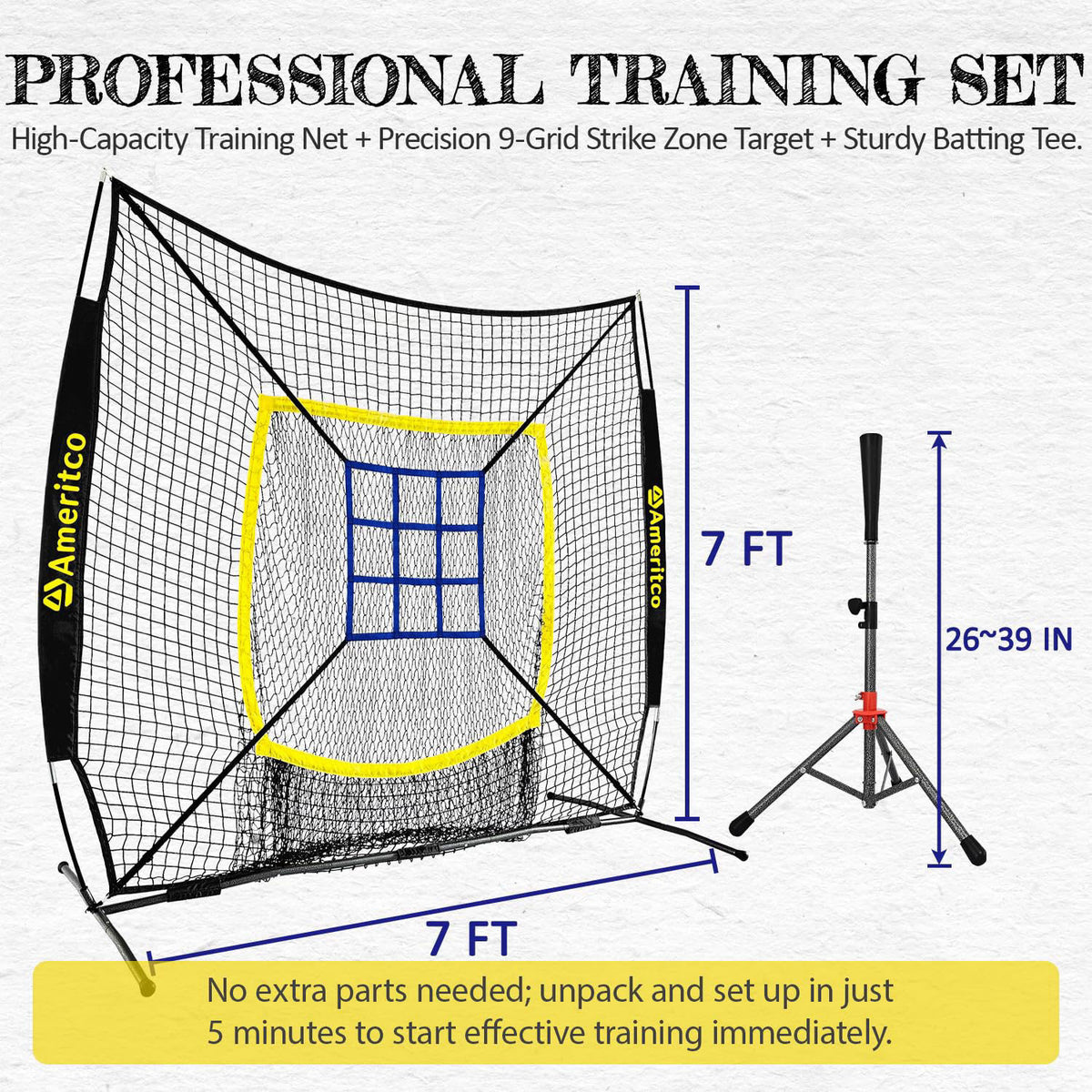 Ameritco Baseball Net，7x7ft Baseball Practice Net with Tee and Target, Large Pocket Sports net for Hitting/Batting/Pitch