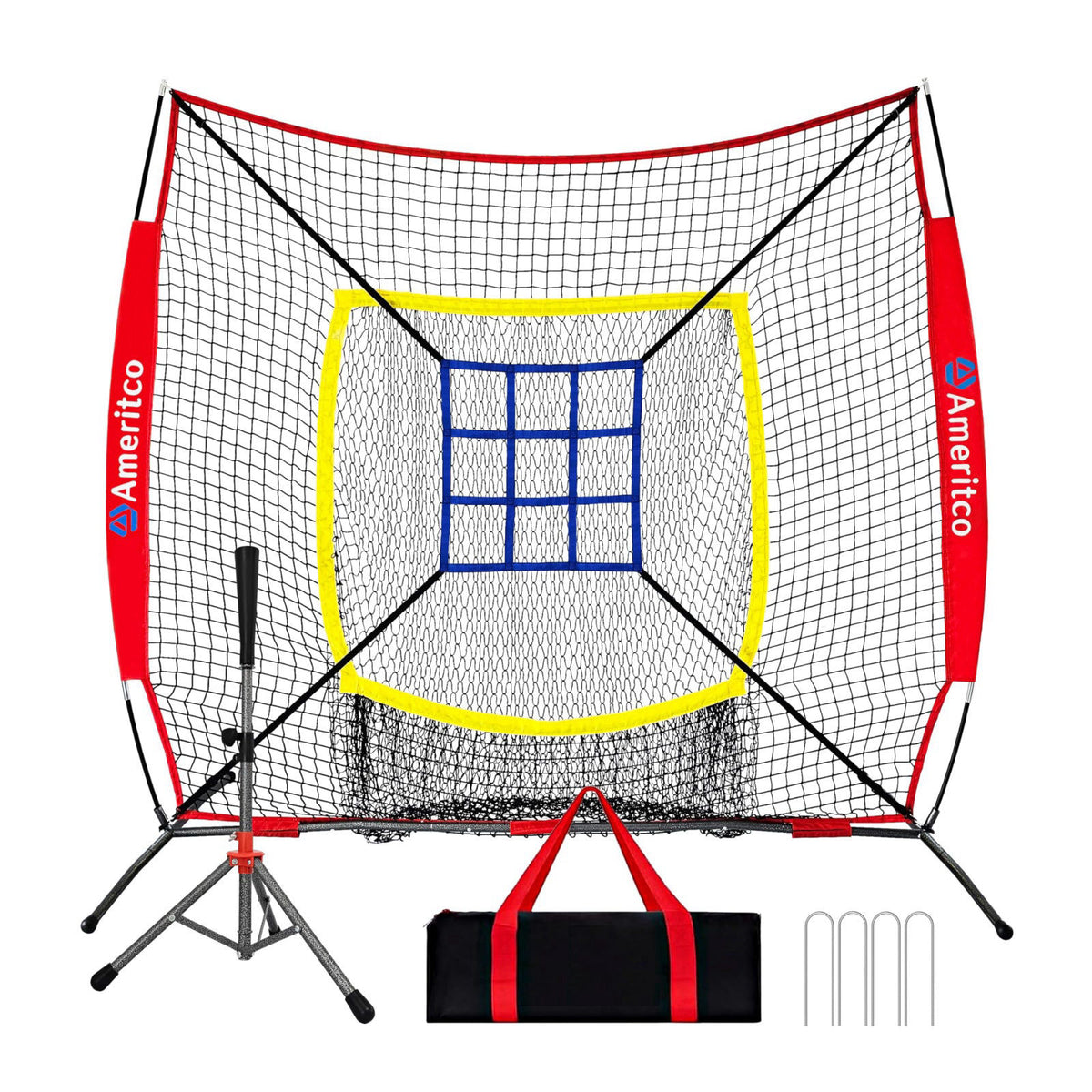 Ameritco Baseball Net，7x7ft Baseball Practice Net with Tee and Target, Large Pocket Sports net for Hitting/Batting/Pitch