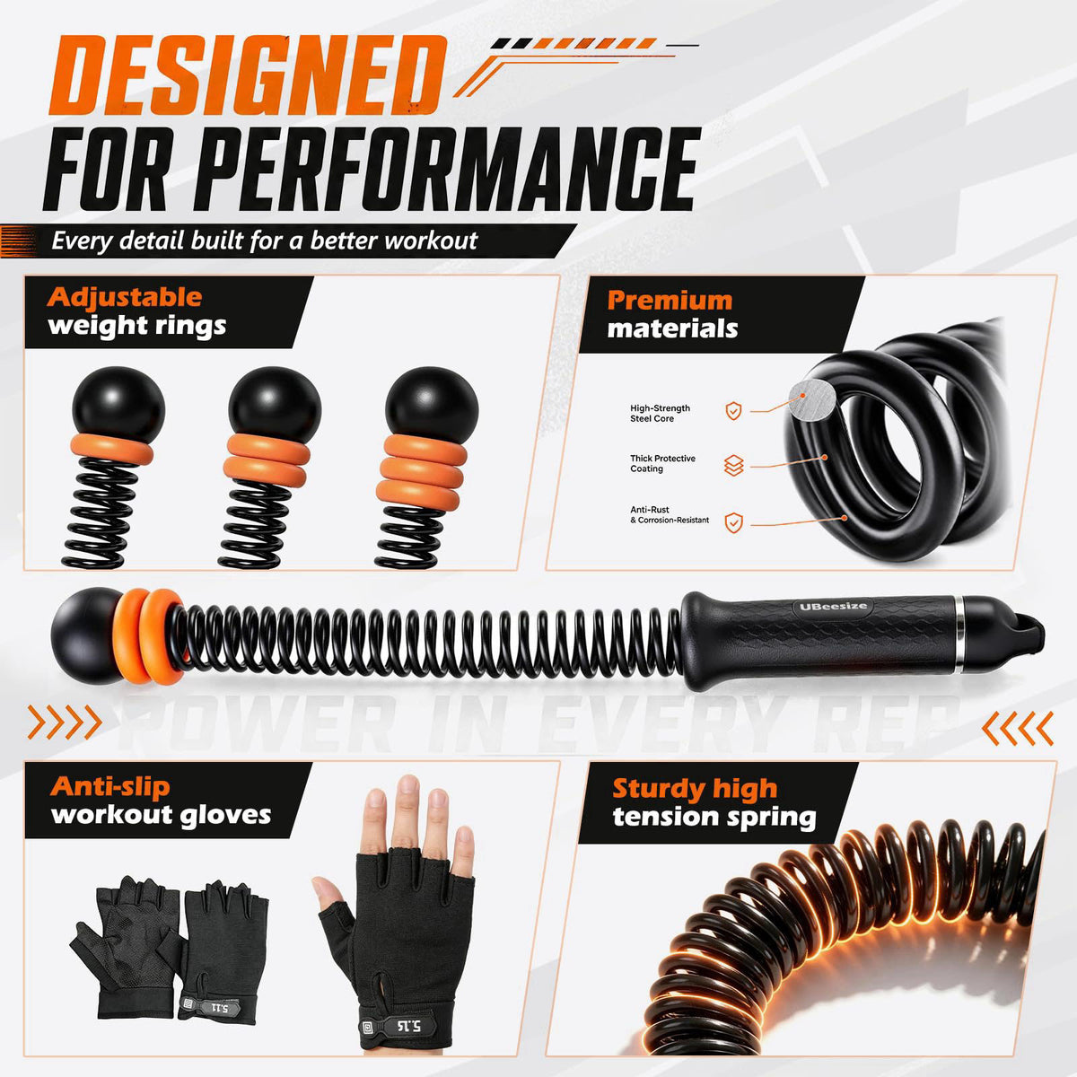 UBeesize Weighted Ropeless Battle Rope Fitness Kit with Gloves & Bag – close-up detail