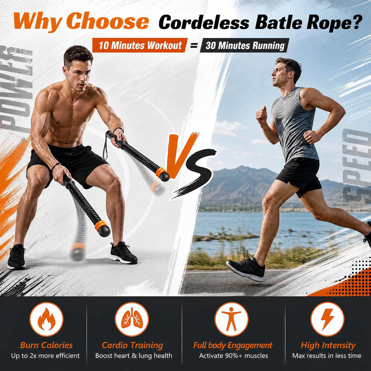 UBeesize Weighted Ropeless Battle Rope Fitness Kit with Gloves & Bag – full view