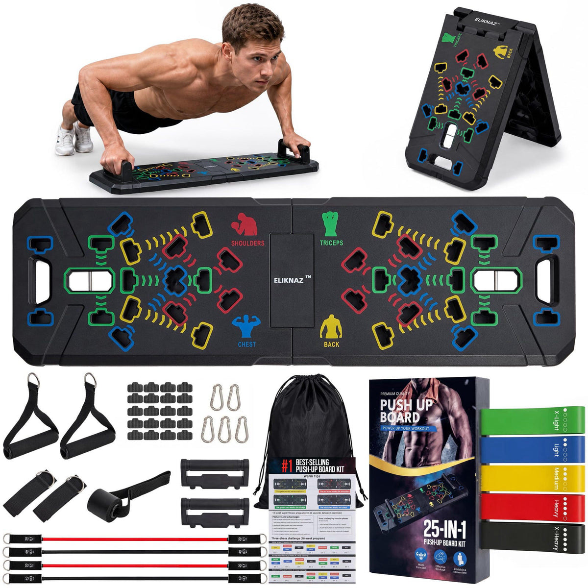 ELIKNAZ Portable Push Up Board Gym Kit 25-in-1, Foldable Push Up Station & Exercise Board Workout Set with 20 Accessorie