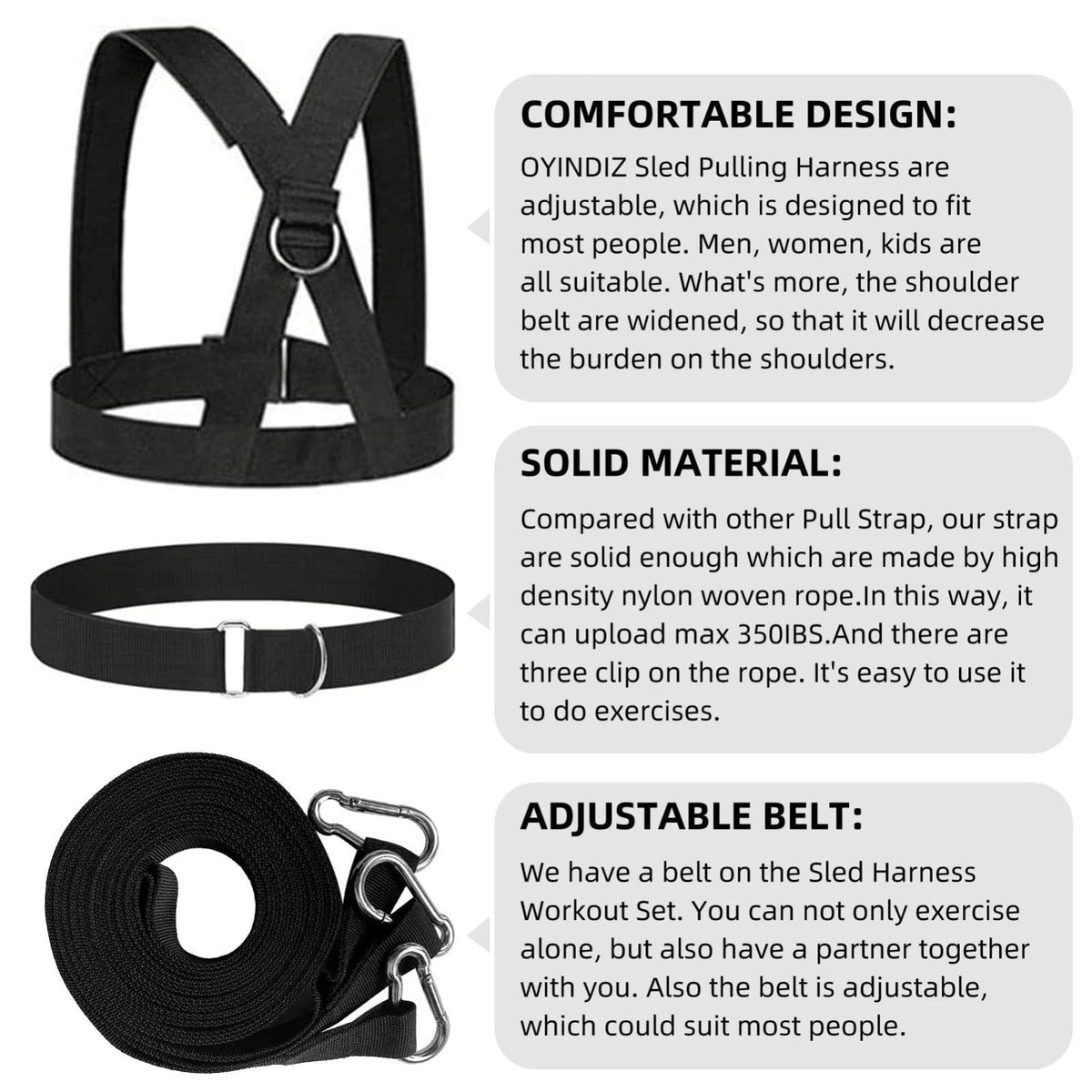 OYINDIZ Sled Harness Set, Pulling Strap for Speed Power Agility Training – back view and specifications