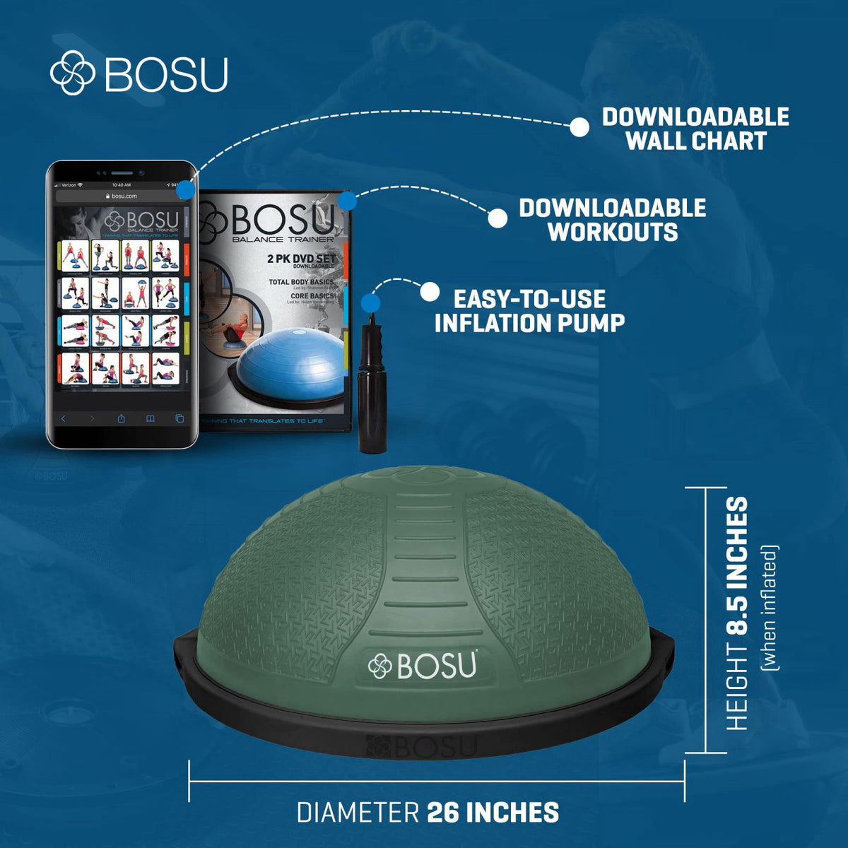 BOSU Nexgen Balance Trainer, Half-Ball Training Equipment, 65 cm Diameter, 300 lb Capacity - Burst-Resistant Stability E