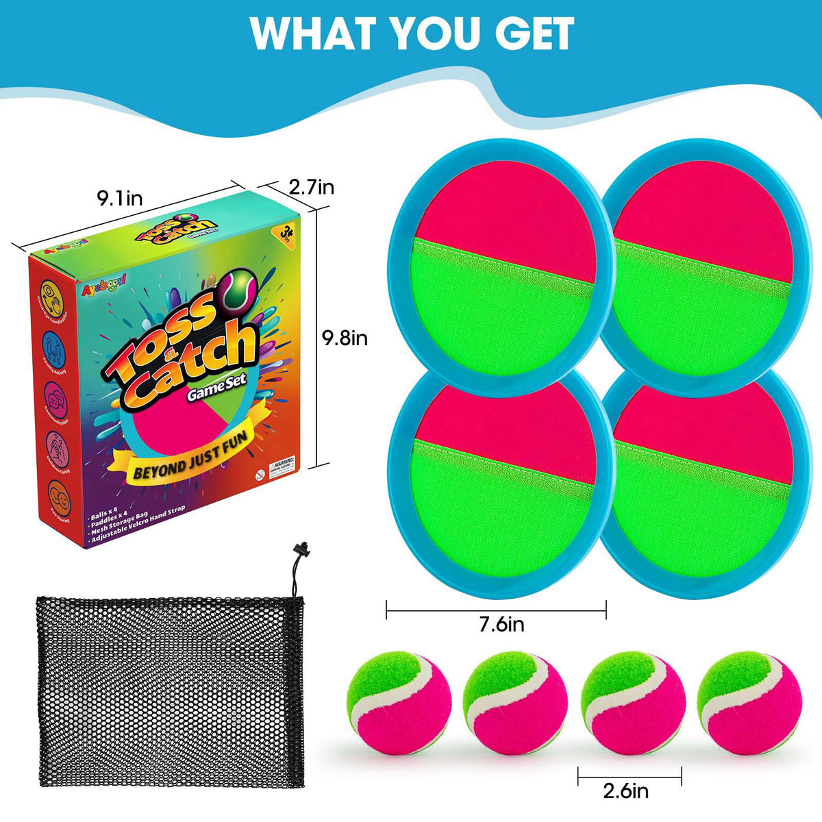 Ayeboovi Upgraded Toss and Catch Ball Game for Kids 4 Paddles and 4 Balls – close-up detail