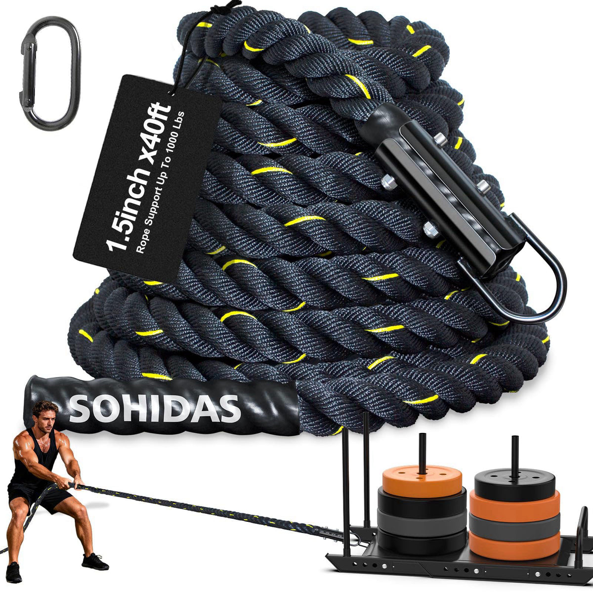 SOHIDAS 40FT Weight Sled Rope Workout Sled Pulling Ropes, Sled Push Gym Equipment Weight Sled Pull Rope for Training Tir