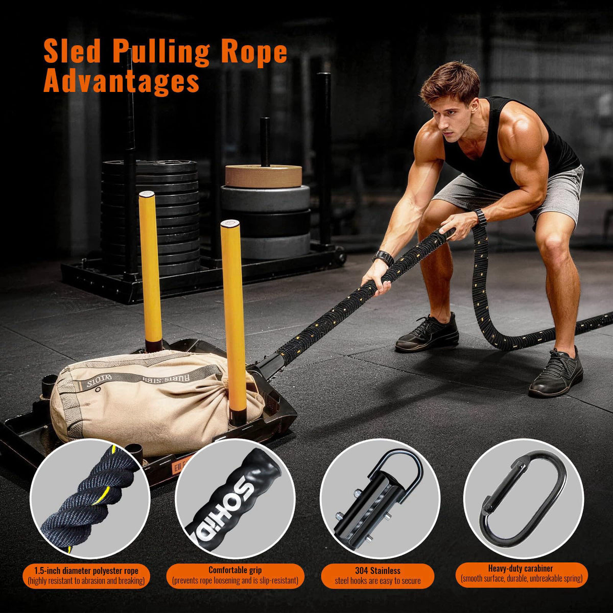 SOHIDAS 40FT Weight Sled Rope Workout Sled Pulling Ropes, Sled Push Gym Equipment Weight Sled Pull Rope for Training Tir