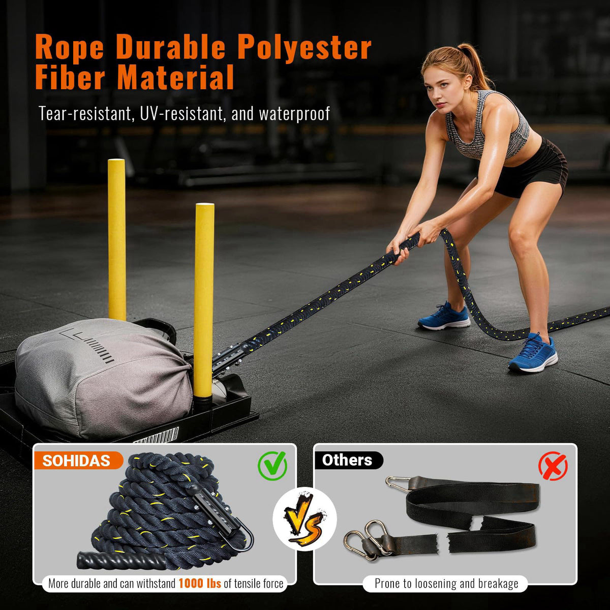 SOHIDAS 40FT Weight Sled Rope Workout Sled Pulling Ropes, Sled Push Gym Equipment Weight Sled Pull Rope for Training Tir