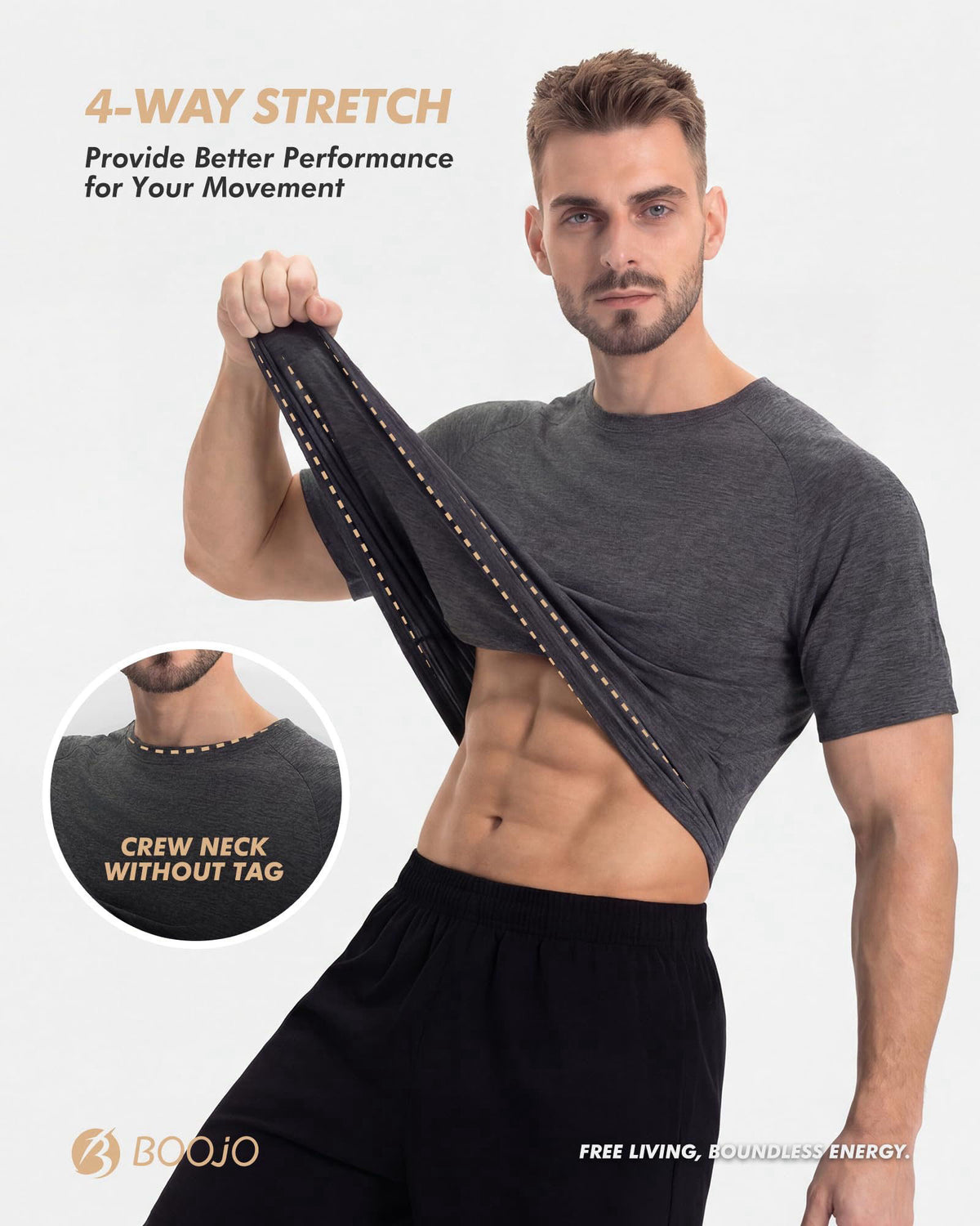 BOOJO 7 Pack Workout Shirts for Men Gym Athletic Short Sleeve Quick Dry T-Shirts – packaging and label