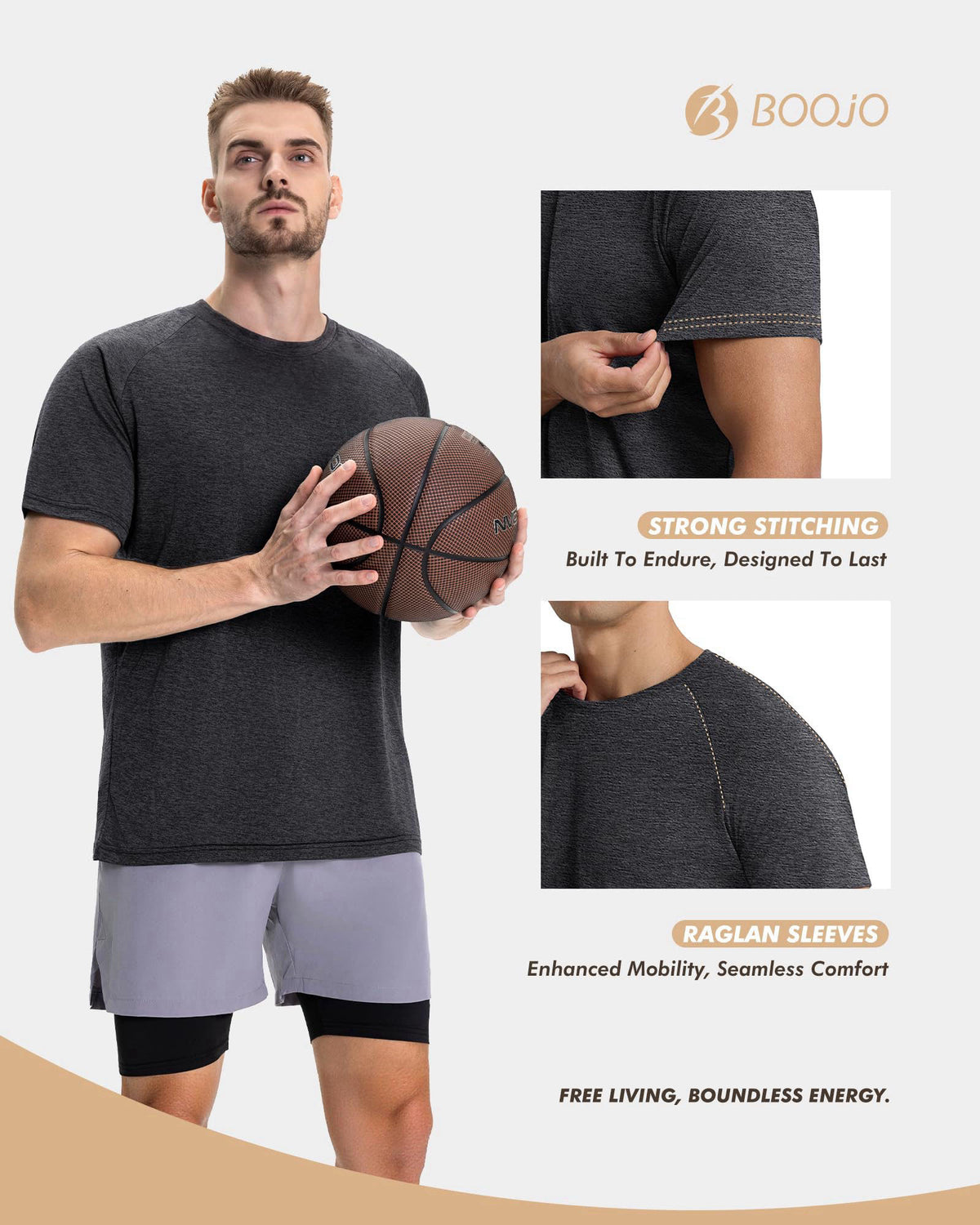 BOOJO 7 Pack Workout Shirts for Men Gym Athletic Short Sleeve Quick Dry T-Shirts – full view, size Chest (in) Waist (in)