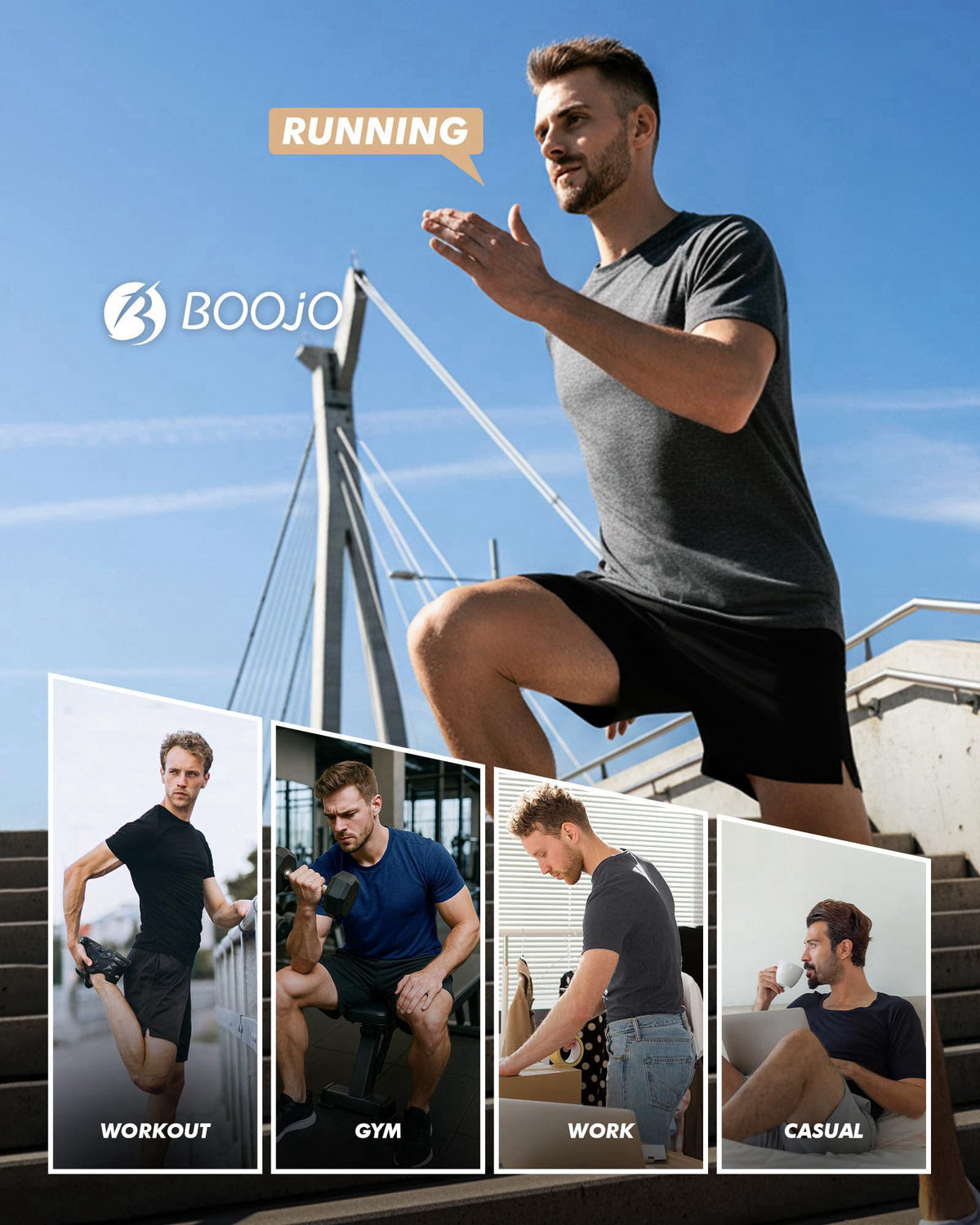 BOOJO 7 Pack Workout Shirts for Men Gym Athletic Short Sleeve Quick Dry T-Shirts – back view and specifications