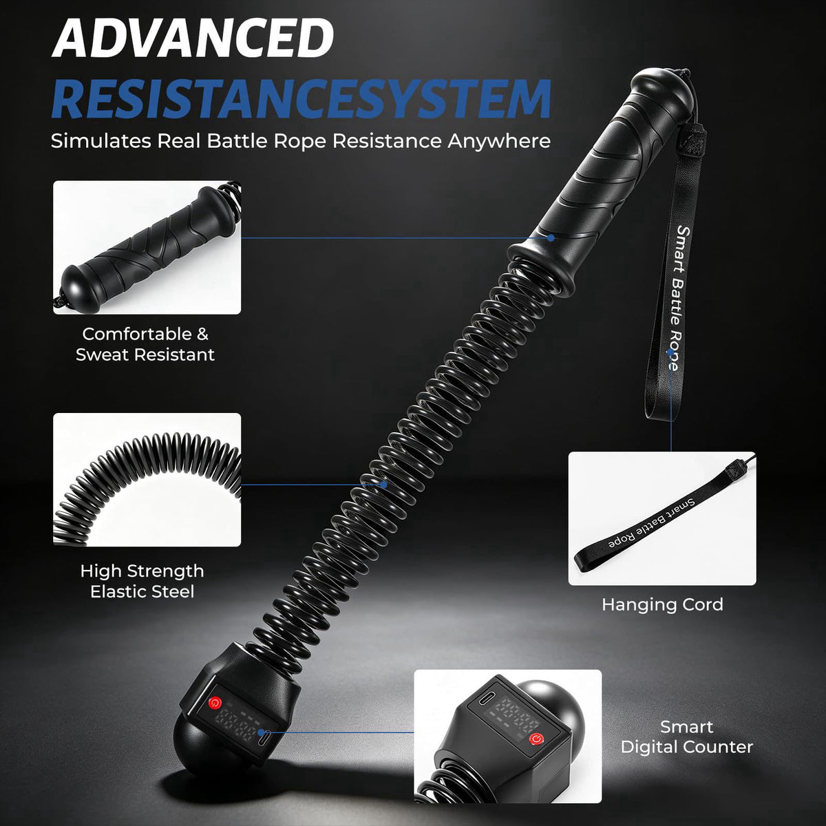 MYUDEGEAS Smart Battle Rope with Digital Counter, Cordless Battle Rope for Home Gym, Wireless Strength Training Equipmen