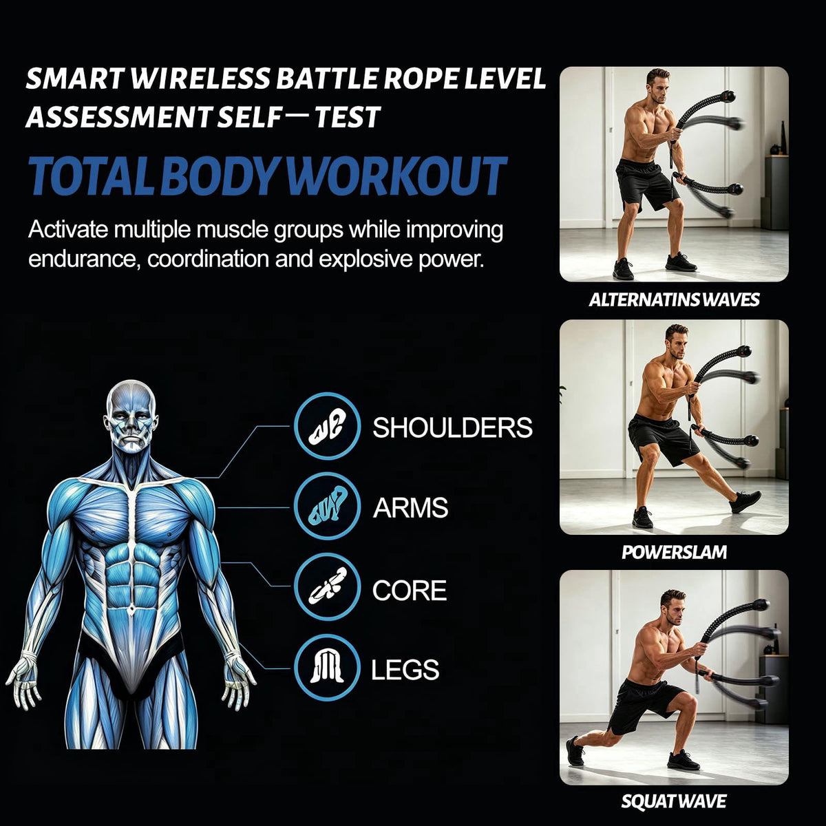 MYUDEGEAS Smart Battle Rope with Digital Counter, Cordless Battle Rope for Home Gym, Wireless Strength Training Equipmen