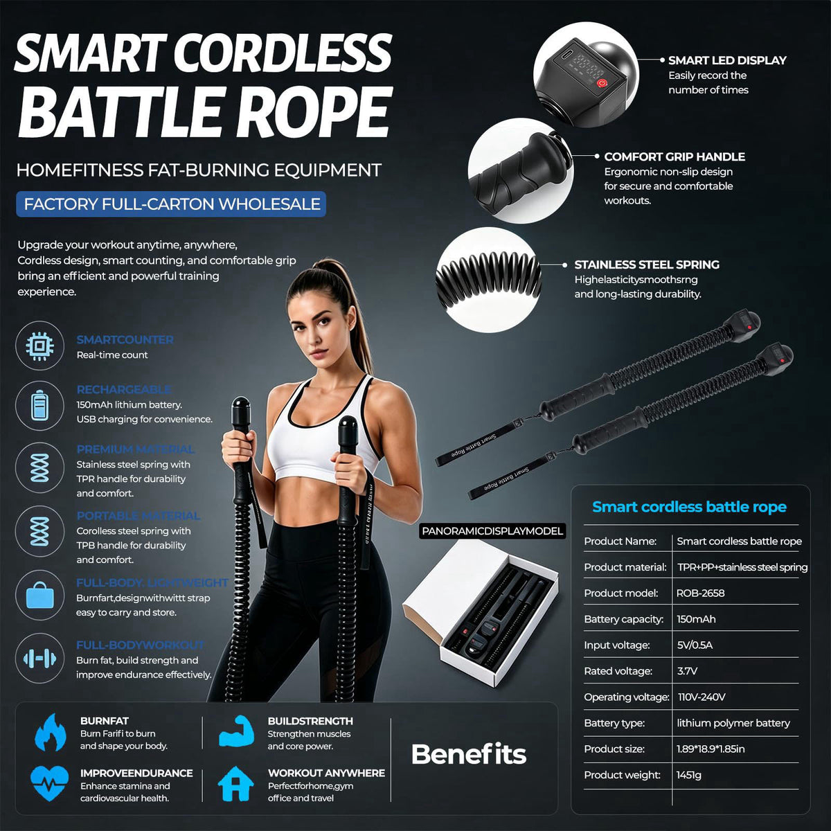MYUDEGEAS Smart Battle Rope with Digital Counter, Cordless Battle Rope for Home Gym, Wireless Strength Training Equipmen