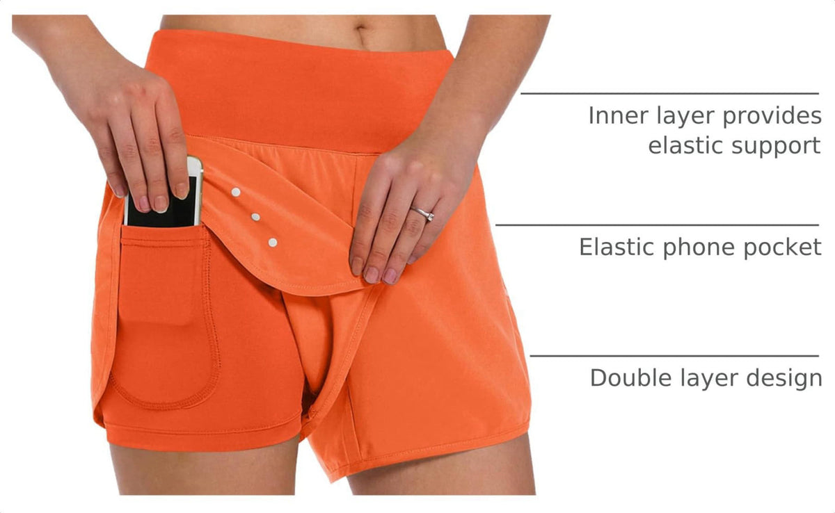 Ksmien Women's 2 in 1 Running Shorts with Liner Phone Pockets – full view, size Waist (in) Hip (in) Inseam (in)
