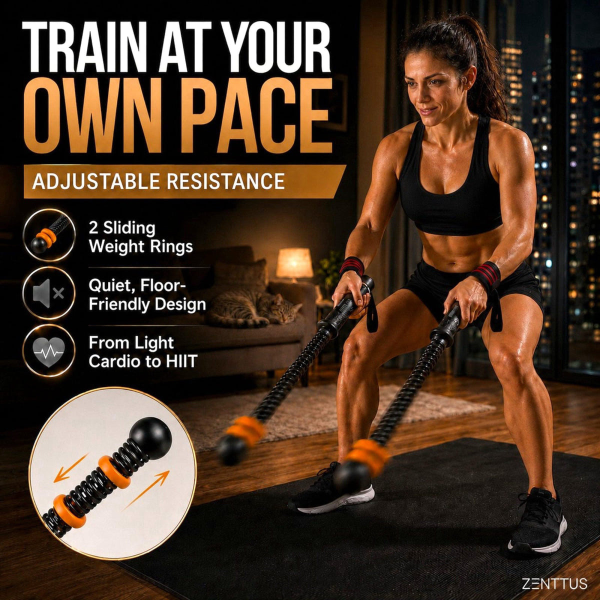 ZENTTUS Weighted Cordless Battle Ropes, Adjustable Ropeless Cardio Trainer – back view and specifications
