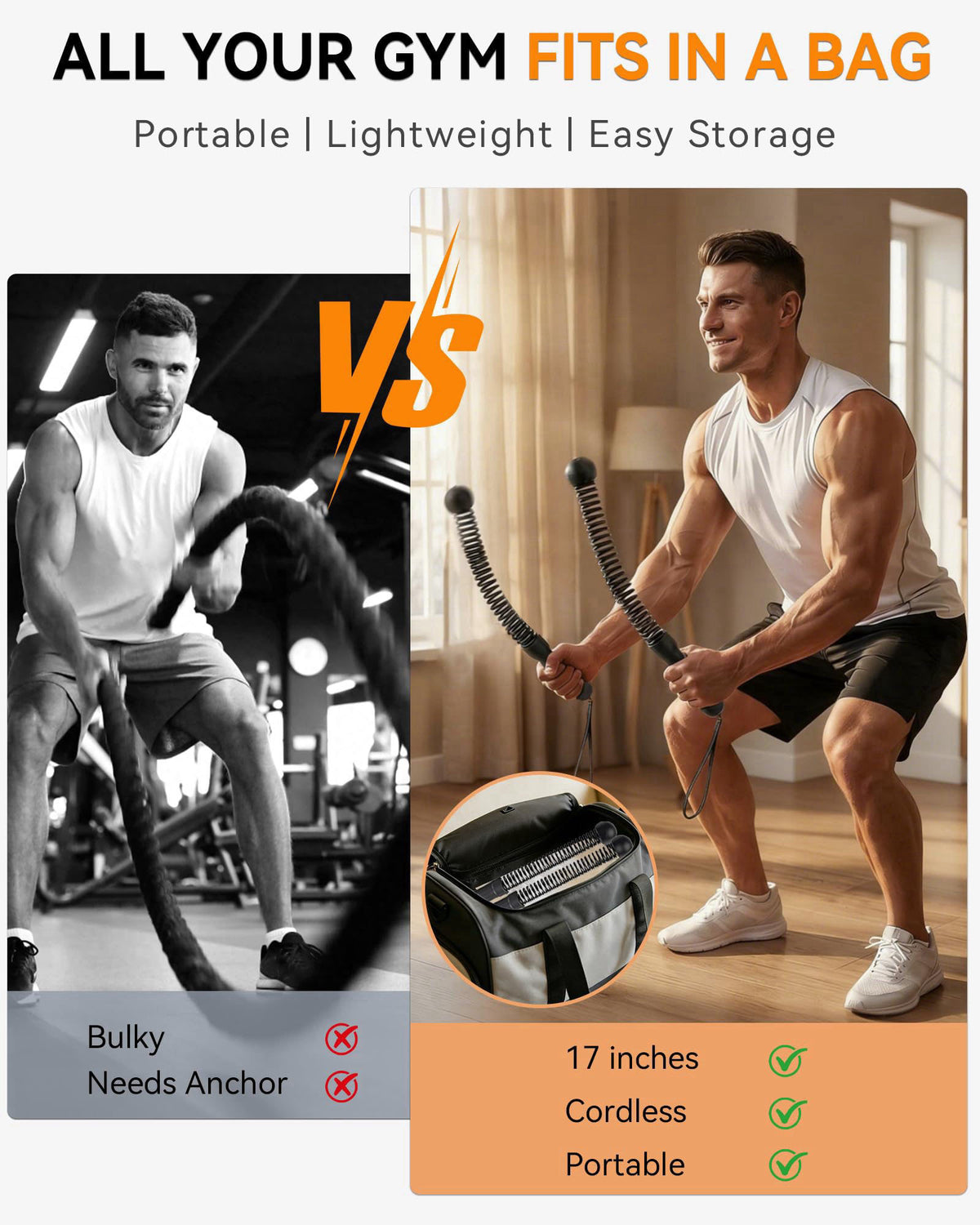 cuspla Weighted Ropeless Battle Ropes – Cordless Battle Ropes, Portable & Quiet Home Gym Workout Equipment | Low-Impact 