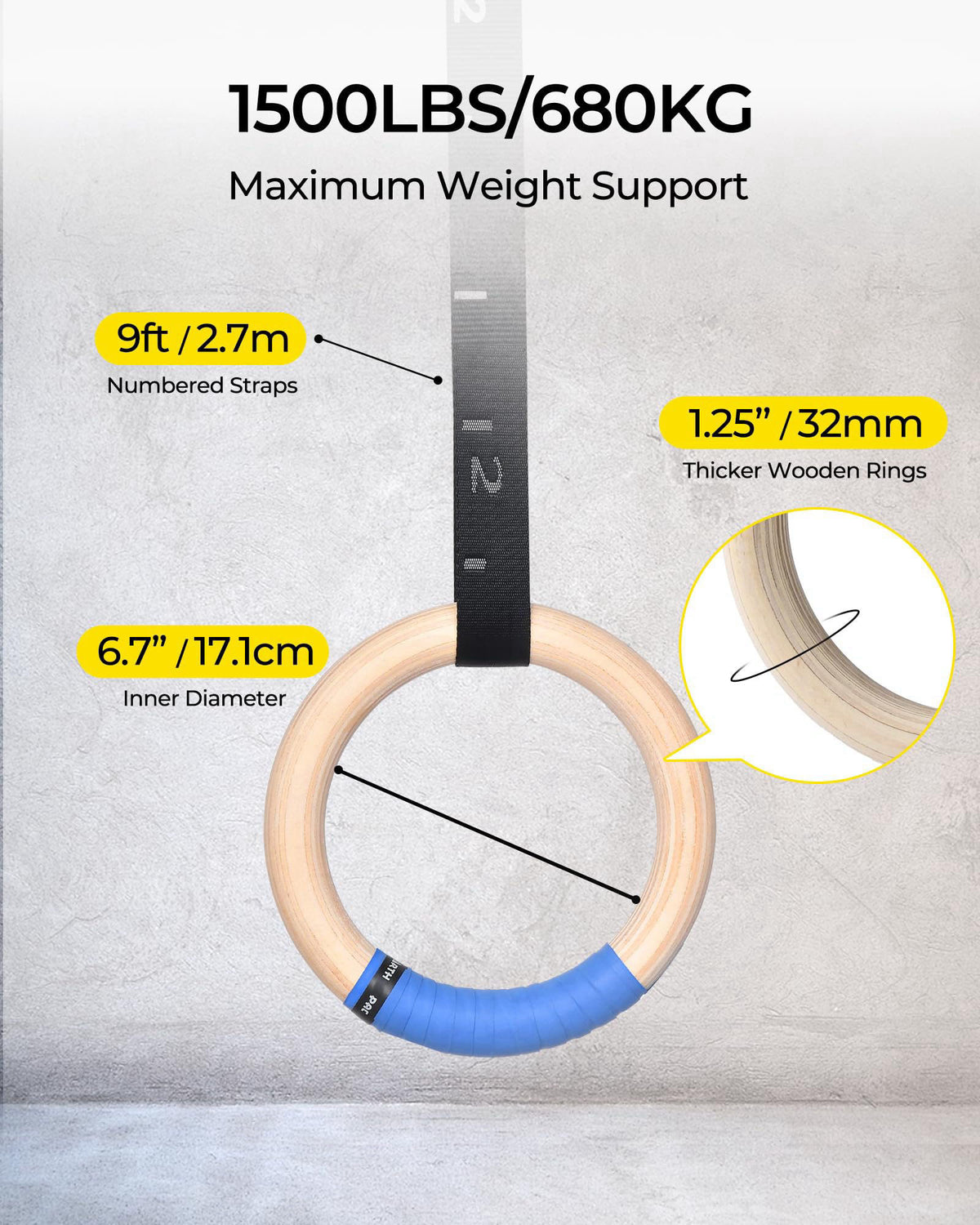 PACEARTH Gymnastics Rings Wooden Olympic Rings 1500/1000lbs with Adjustable Cam Buckle 14.76ft/9ft Long Straps with Scal