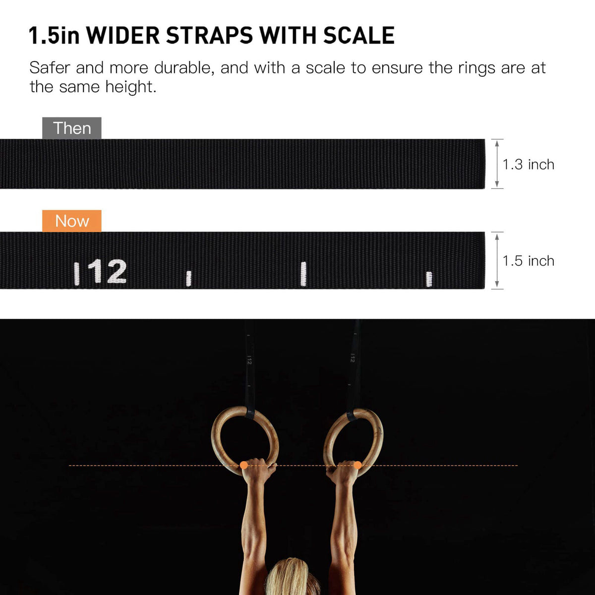 PACEARTH Gymnastics Rings Wooden Olympic Rings 1500/1000lbs with Adjustable Cam Buckle 14.76ft/9ft Long Straps with Scal