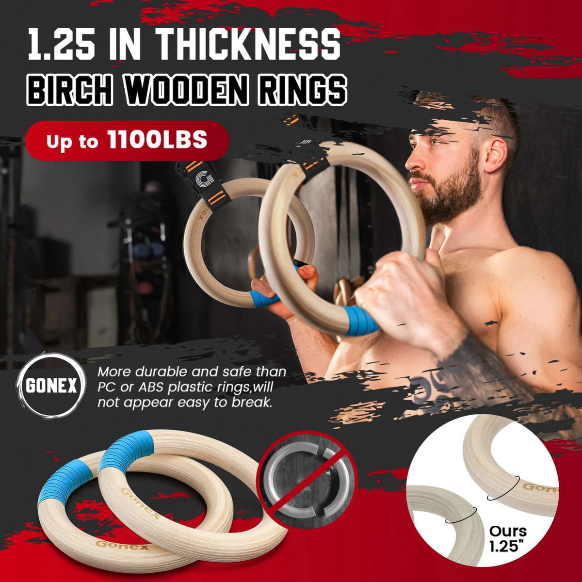 Gonex Wooden Gymnastic Rings with Adjustable Straps Olympic Pull Up Rings – full view