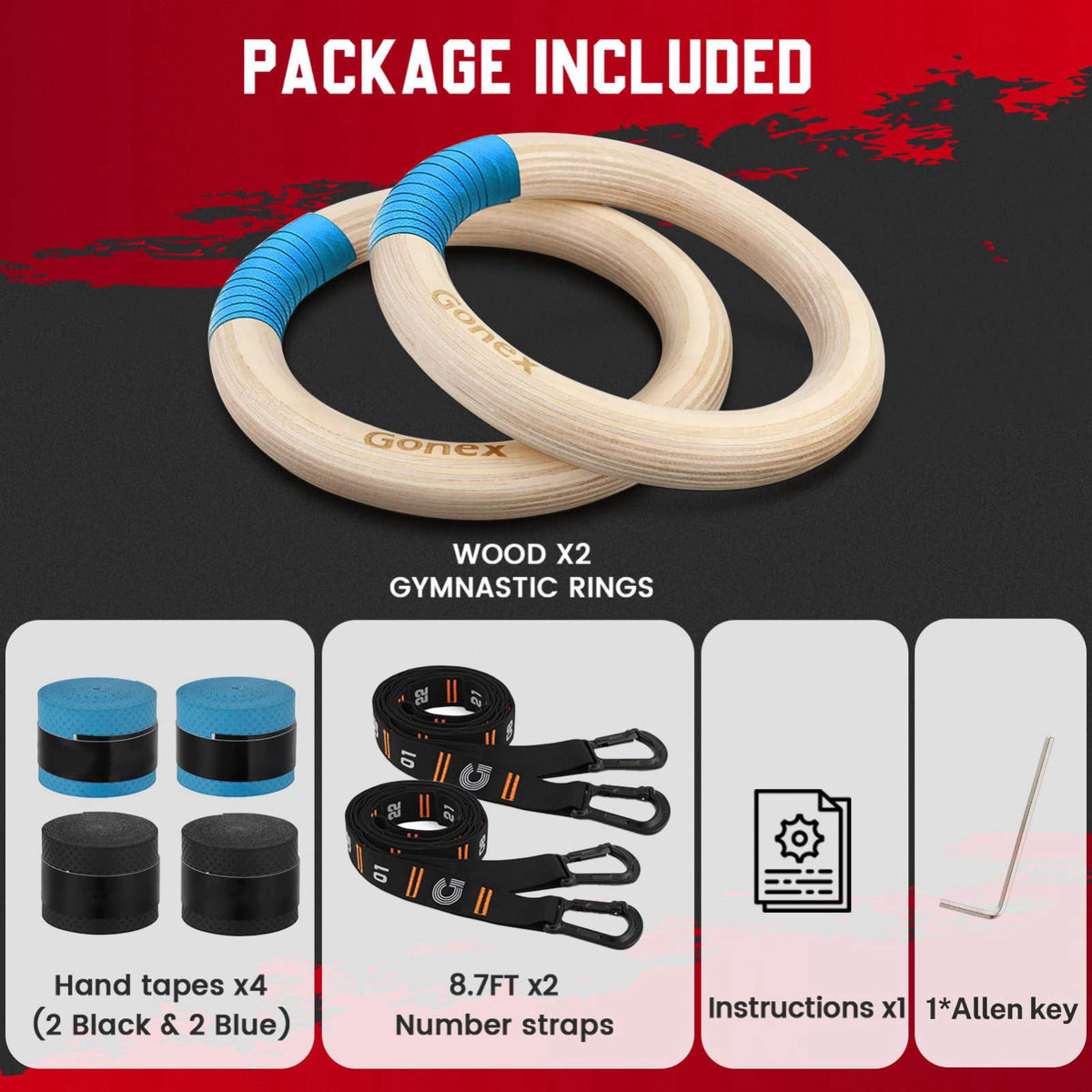 Gonex Wooden Gymnastic Rings with Adjustable Straps Olympic Pull Up Rings – alternate angle