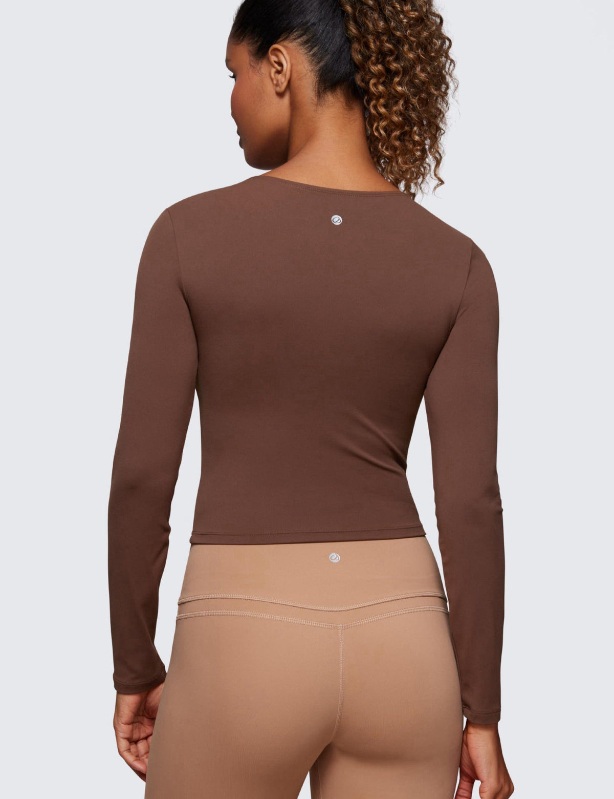 CRZ YOGA Butterluxe Crewneck Crop Top – close-up detail in Coffee Brown