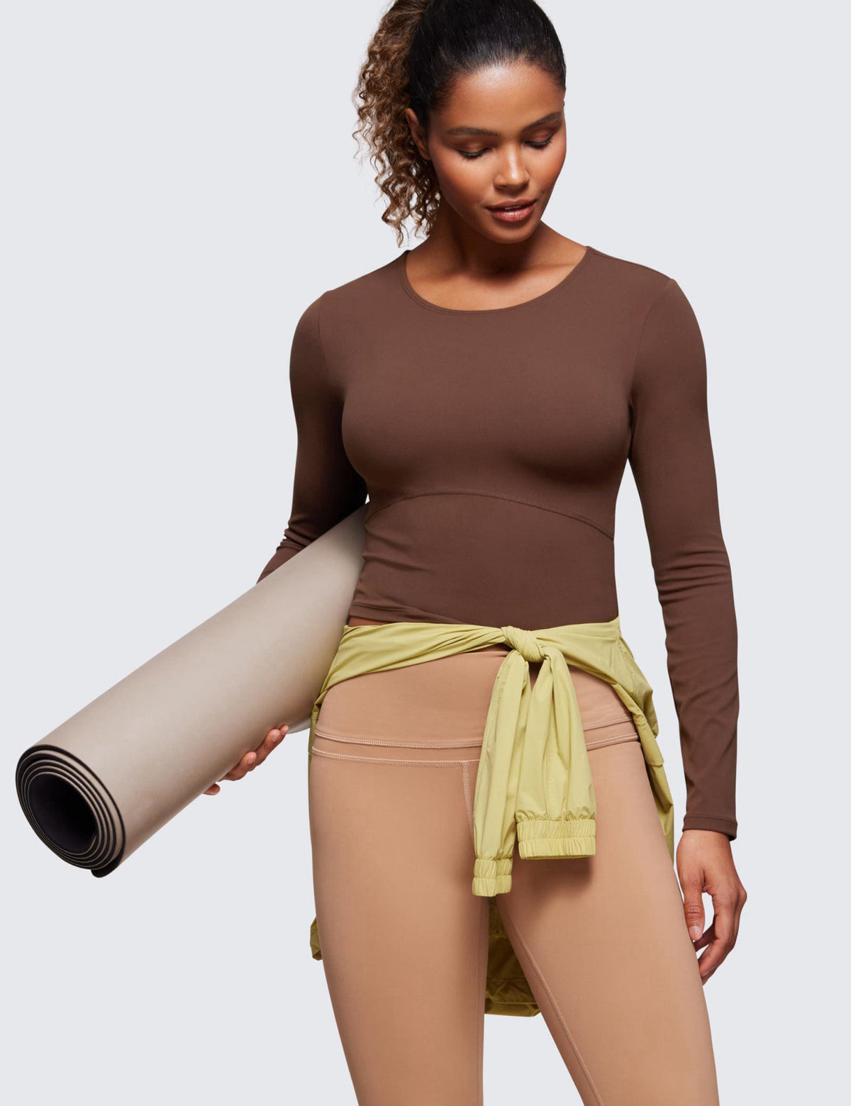 CRZ YOGA Butterluxe Crewneck Crop Top – full view, size US Size Bust (in) Waist (in) Hip (in)
