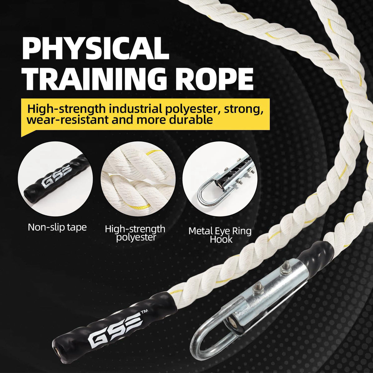 GSE Games & Sports Expert GSE Gym Climbing Rope, 1.5" Diameter Heavy Workout Rope for Indoor/Outdoor – packaging and